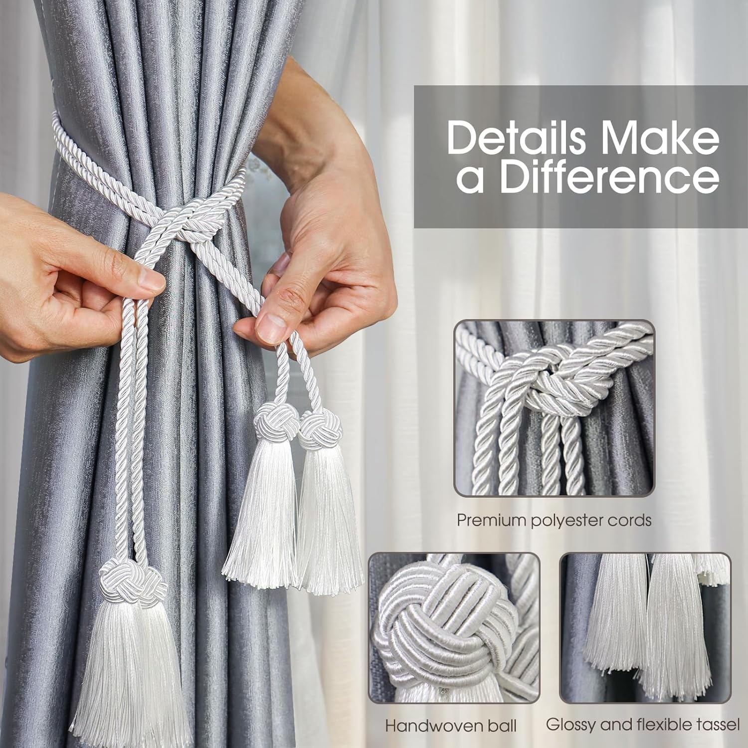 2 Pack Grey Curtain Tassel Tiebacks with Rope