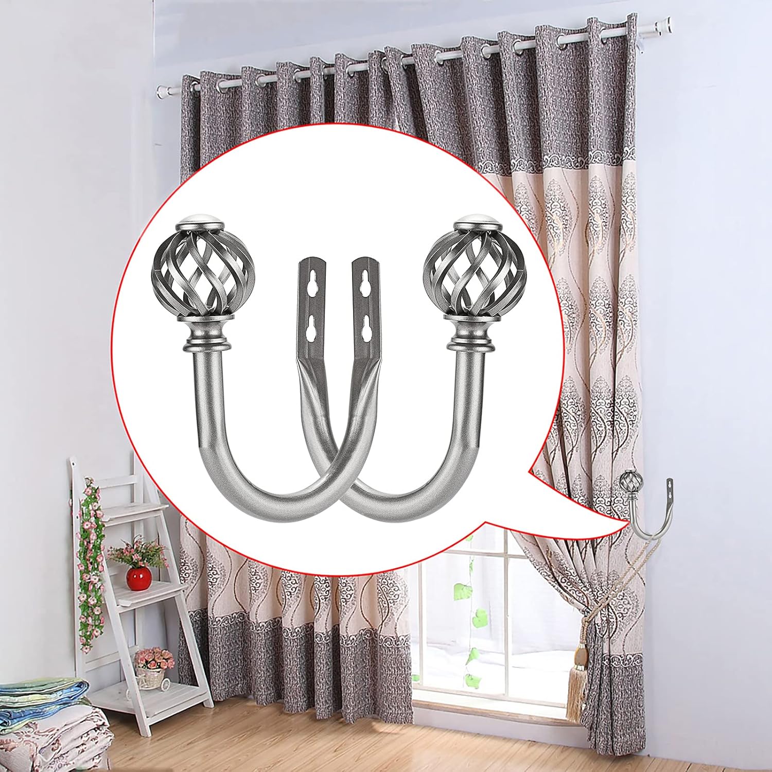Sumnacon 2Pcs Metal Nest Curtain Holdbacks - Grey