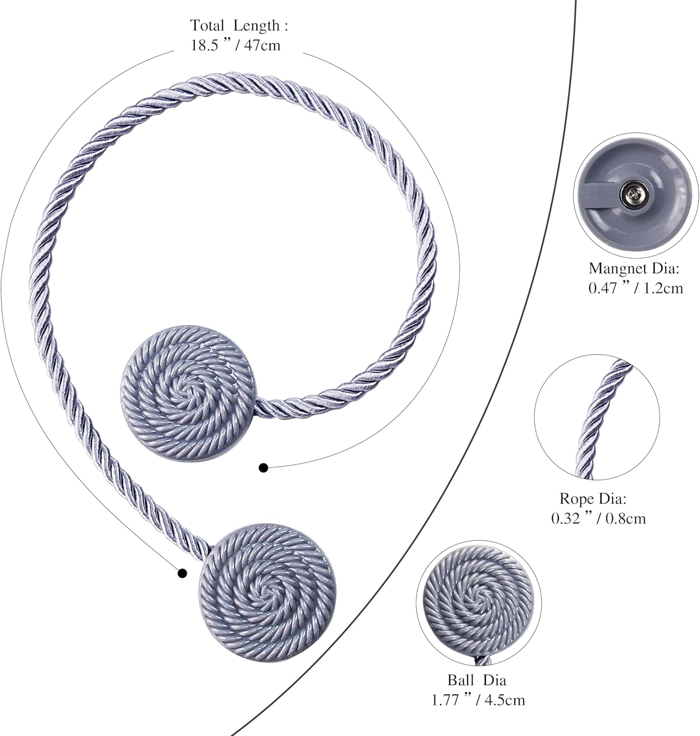 Magnetic Curtain Tie Backs 2 Pack Grey