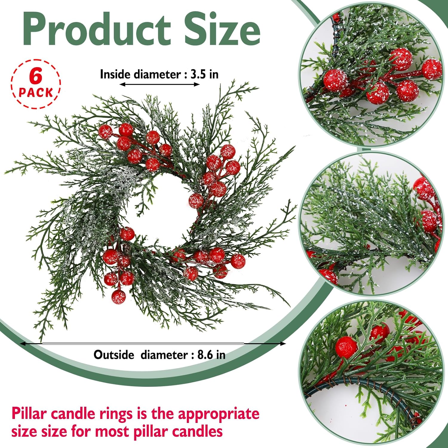 6 Pcs Christmas Candle Rings Wreath Holder