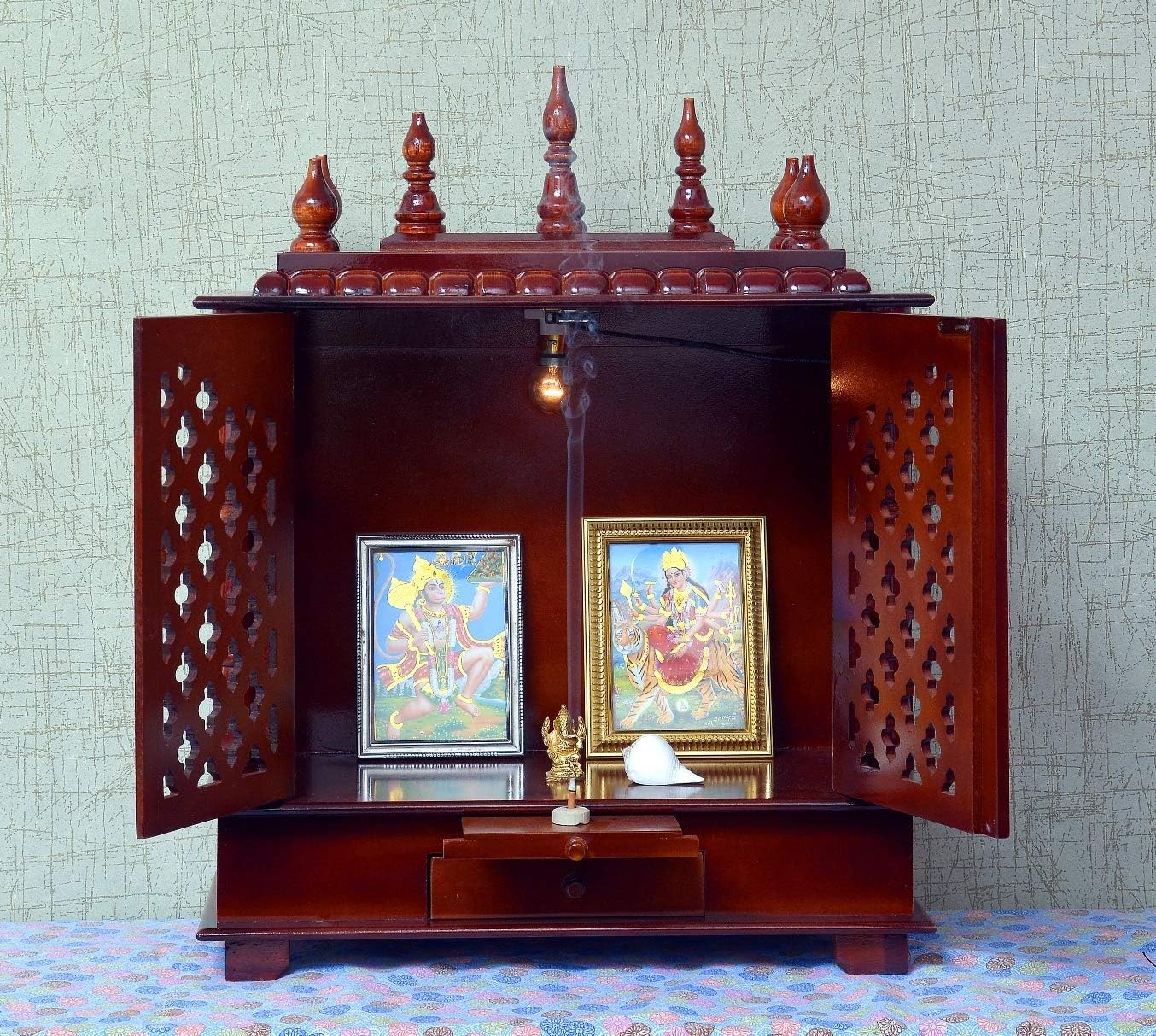 Craftlia Brown Wood Rustic Temple with Light Drawer and Shelf