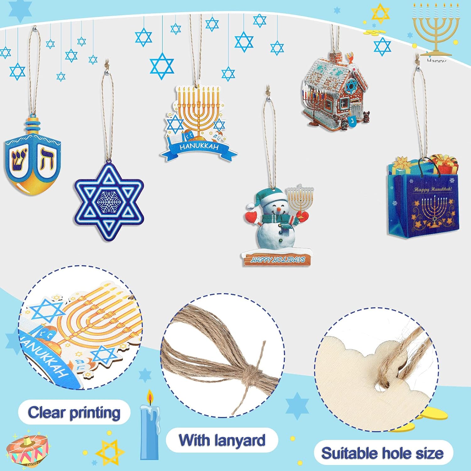 Wooden Dreidel Menorah Ornaments 24 Piece Kit
