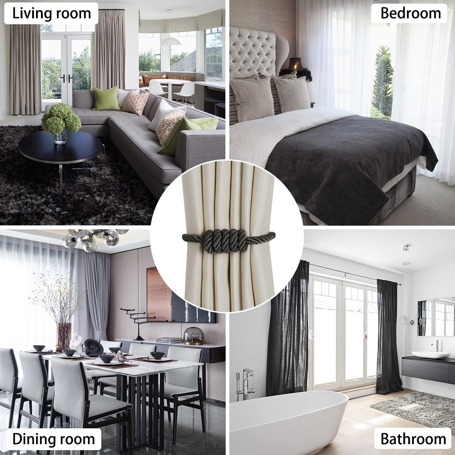 BEL AVENIR Magnetic Curtain Holdbacks 4 Pack Charcoal