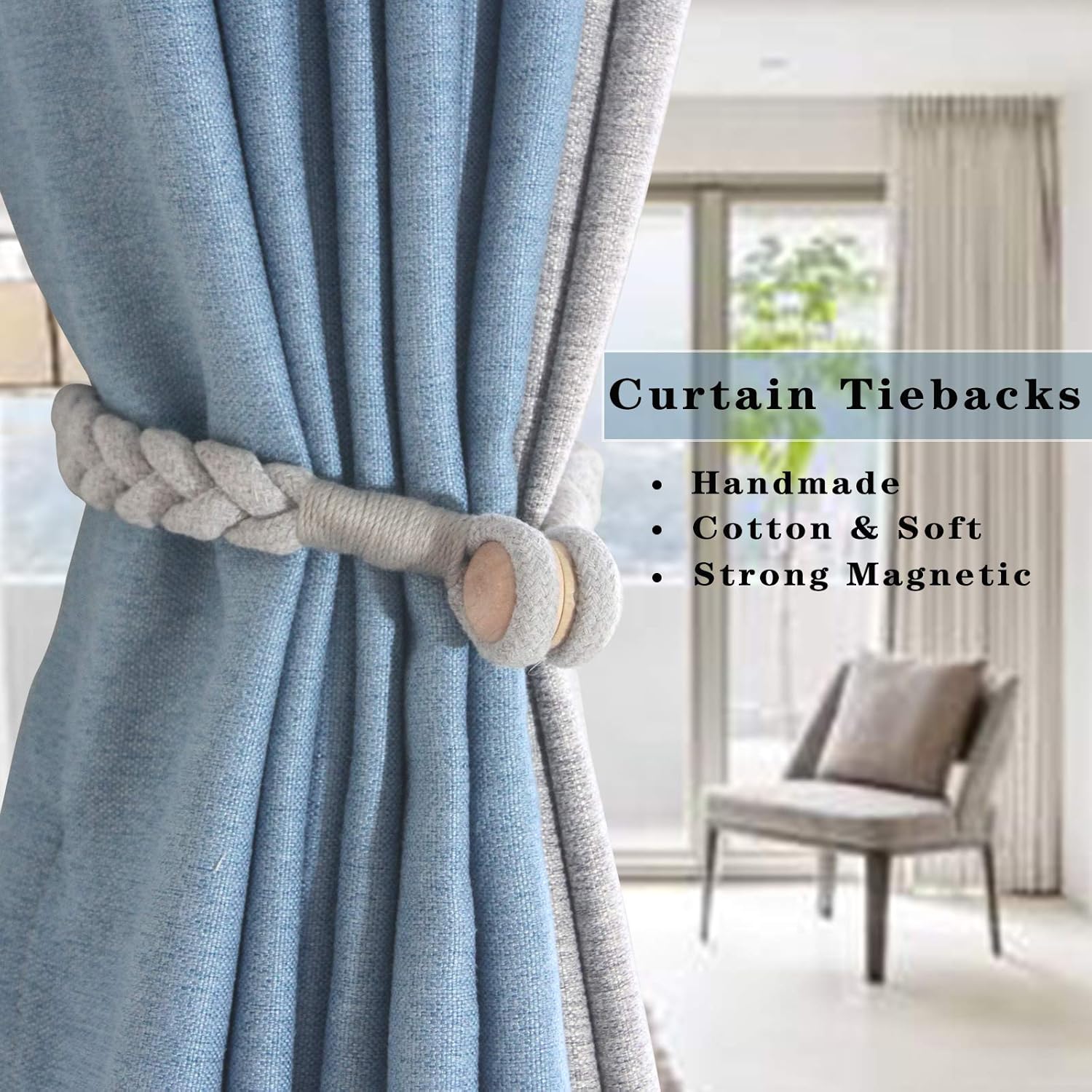 6 Pack Grey Magnetic Curtain Tiebacks with Wooden Buckle