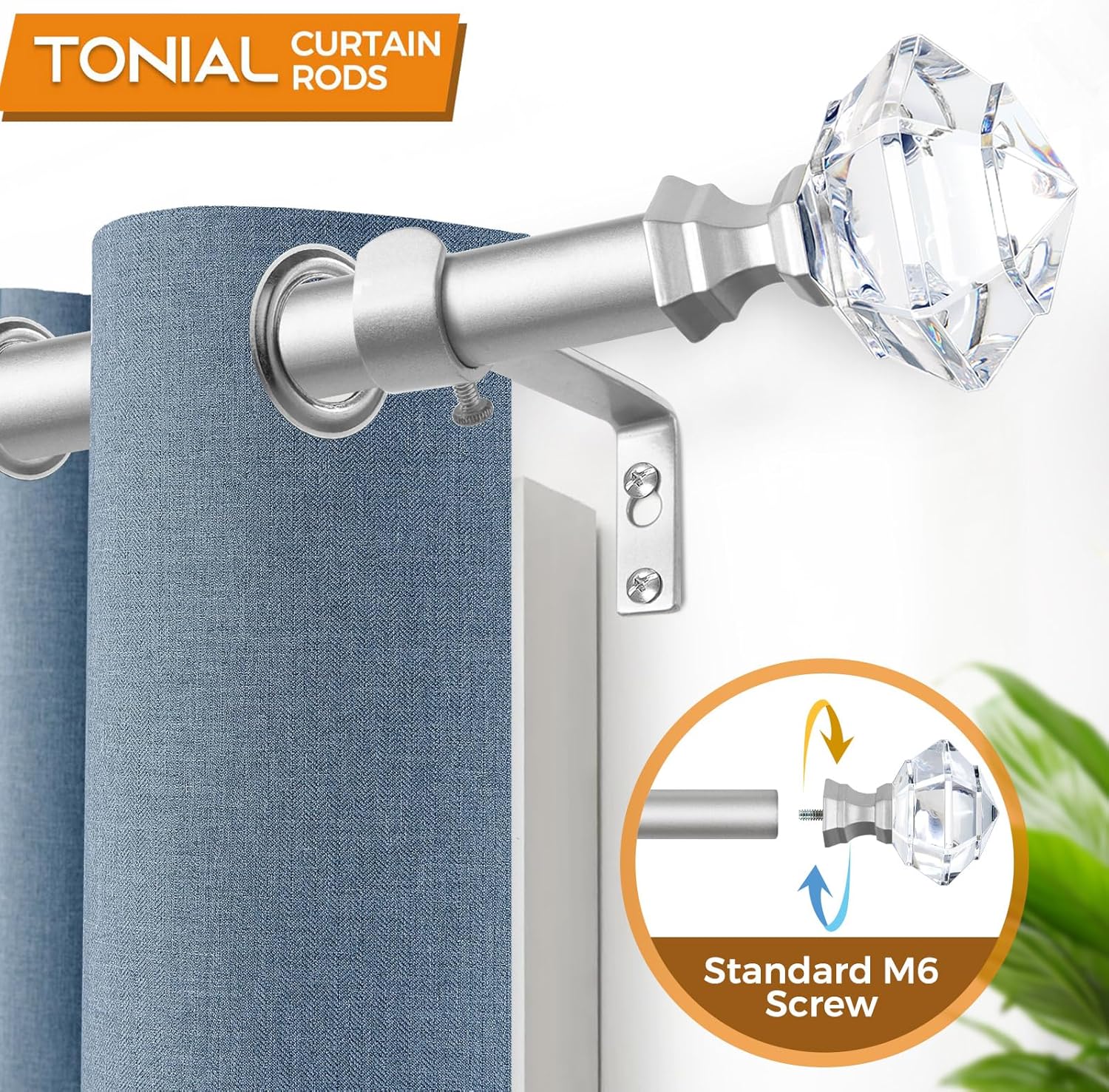 TONIAL Window Rods 32-86 Inches with Acrylic Diamond Finial and Nickel Finish