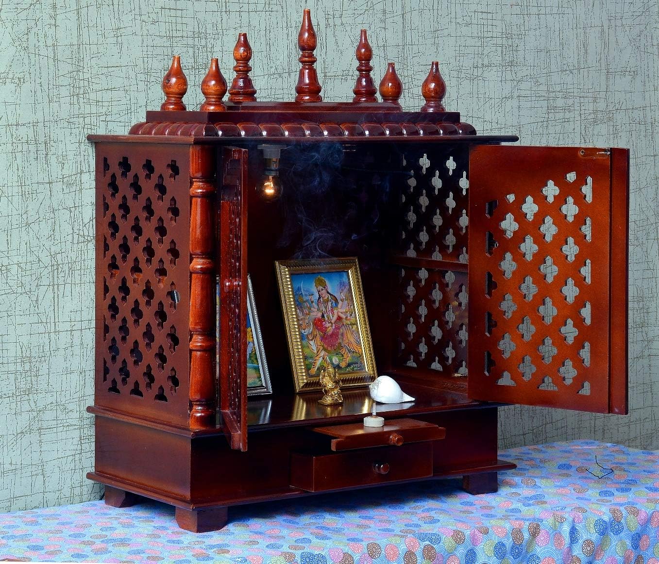 Craftlia Brown Wood Rustic Temple with Light Drawer and Shelf