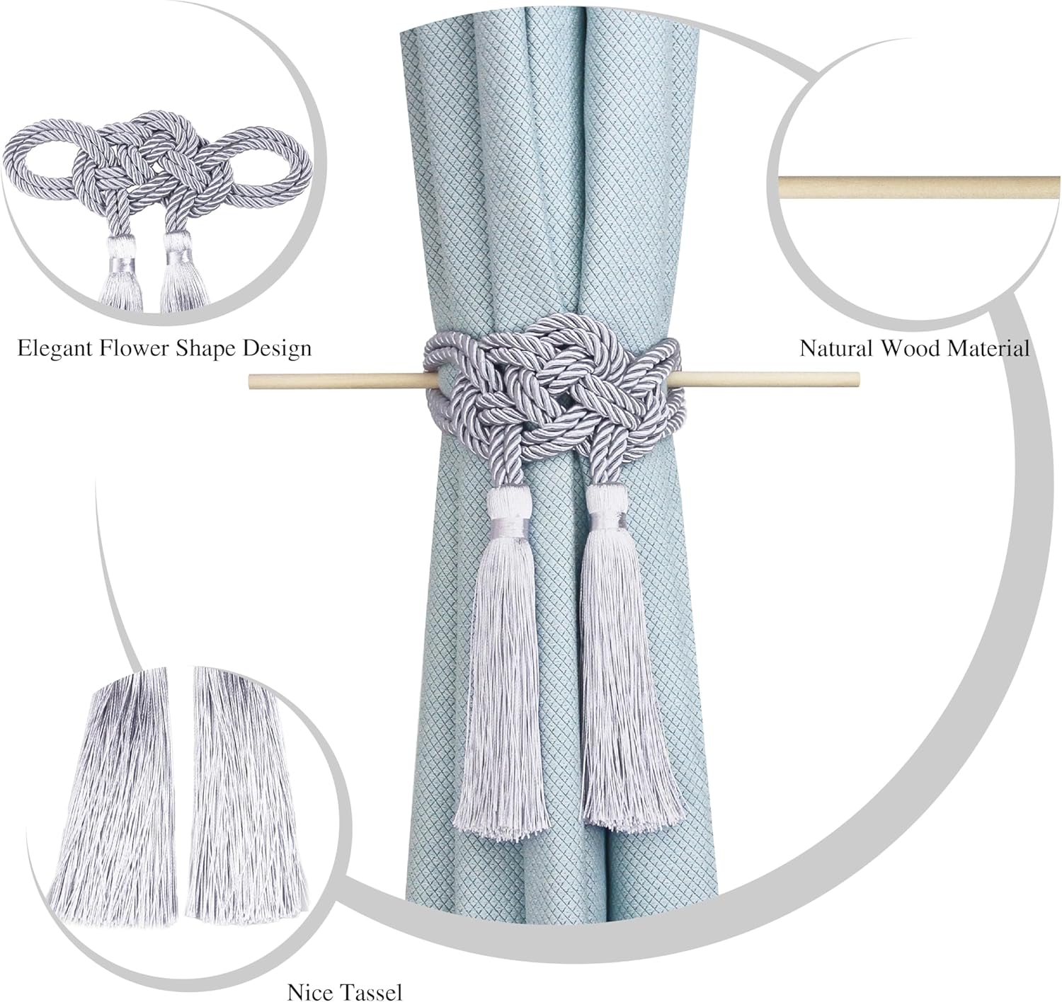 Hangtty Curtain Tiebacks with Tassel 2 Pack Grey