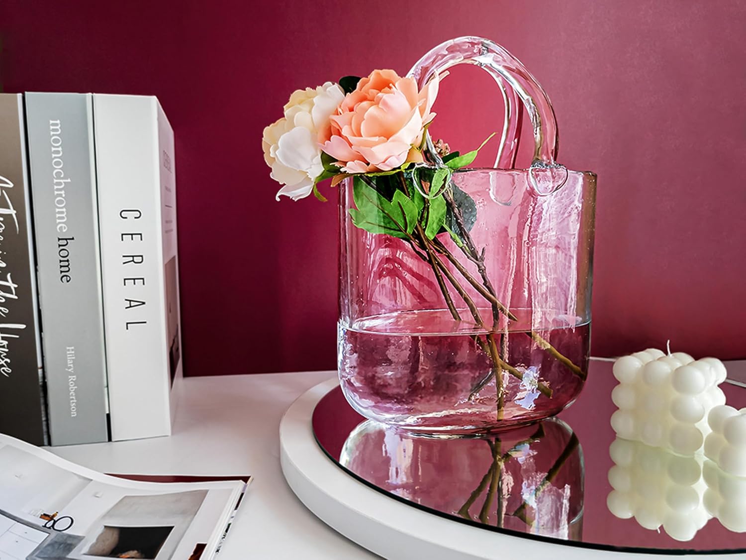 OLEEK Glass Purse Vase - 10 Inch Blue Centerpiece Decor