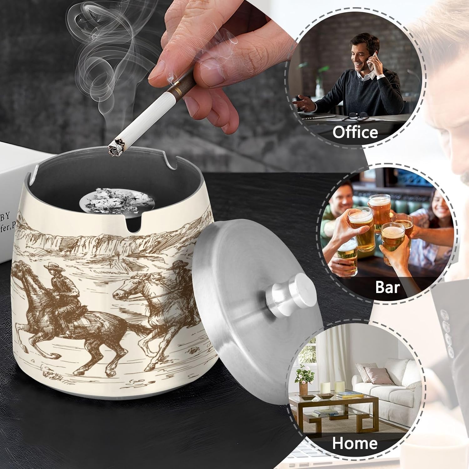 YANENDIE Western Desert Cowboy Ashtray with Lid