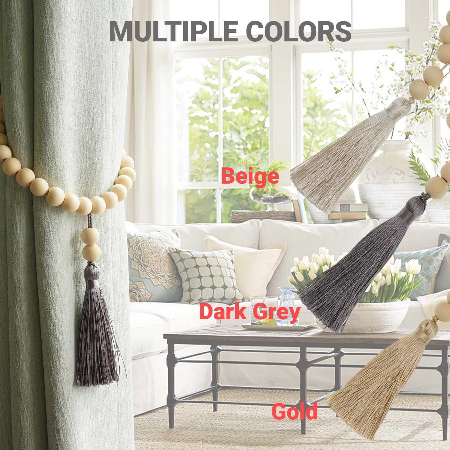 Magnetic Tassel Curtain Tiebacks - Set of 4 Grey