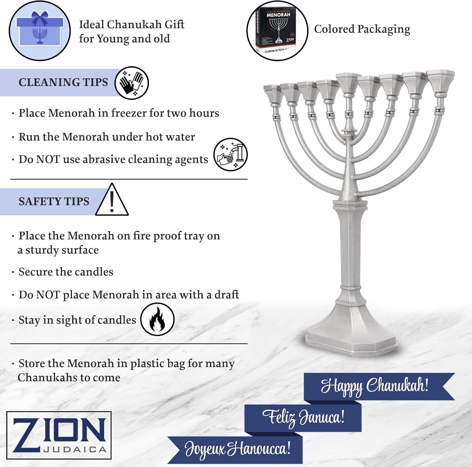 Traditional Classic Hanukkah Menorah 95 Inches Tall