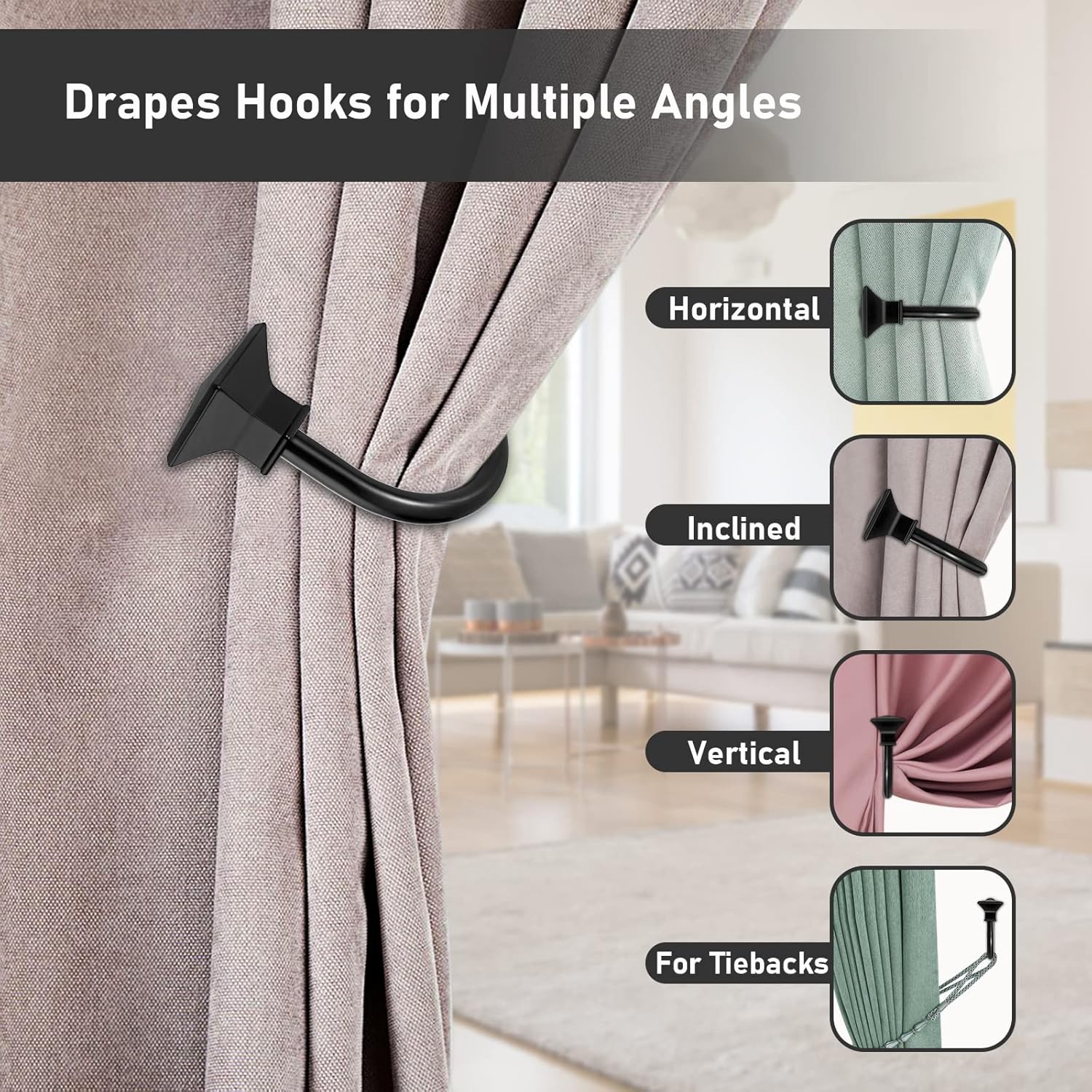 Sumnacon 4Pcs Square Metal Curtain Holdbacks Black