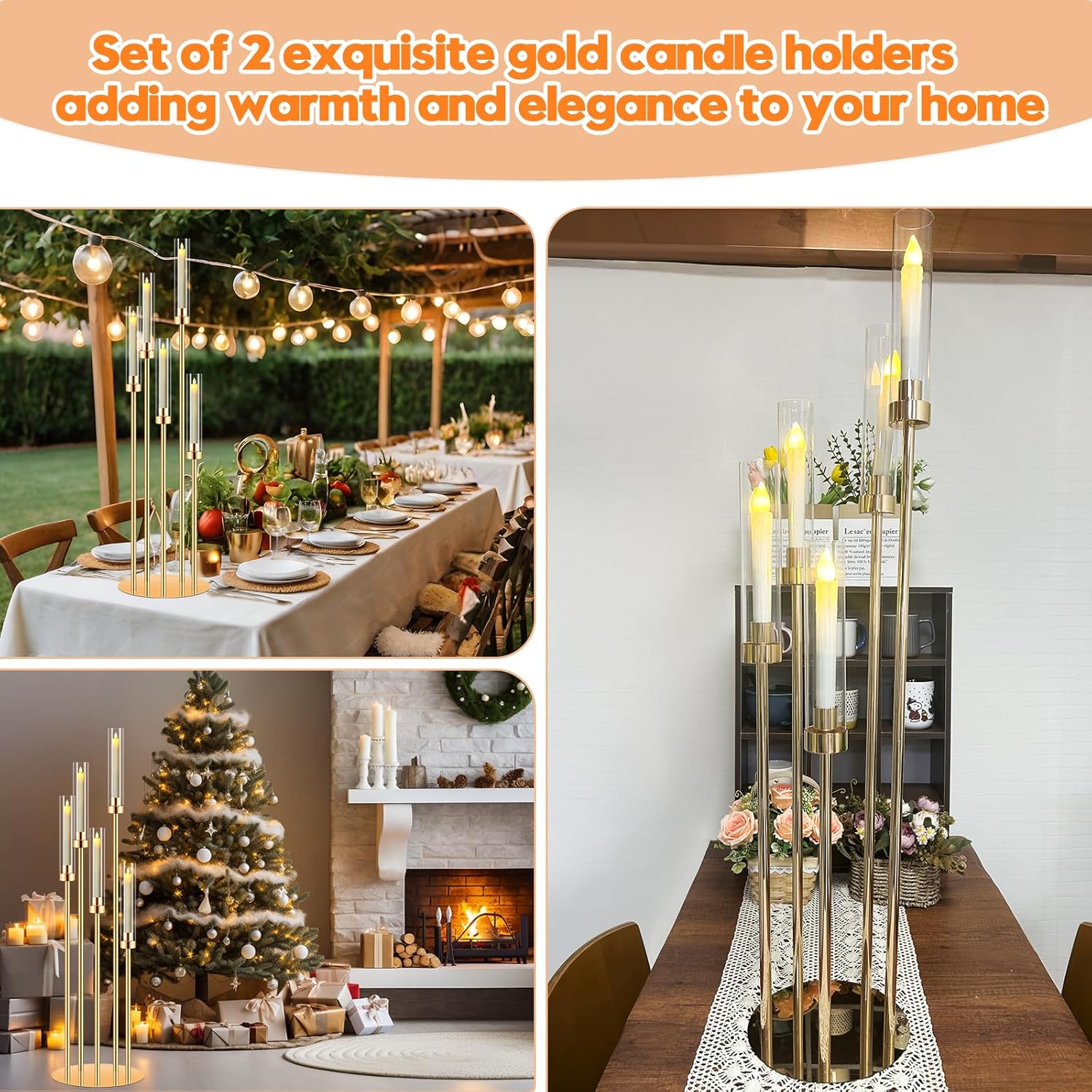 2 Sets Gold Candelabra Centerpieces with LED Candles