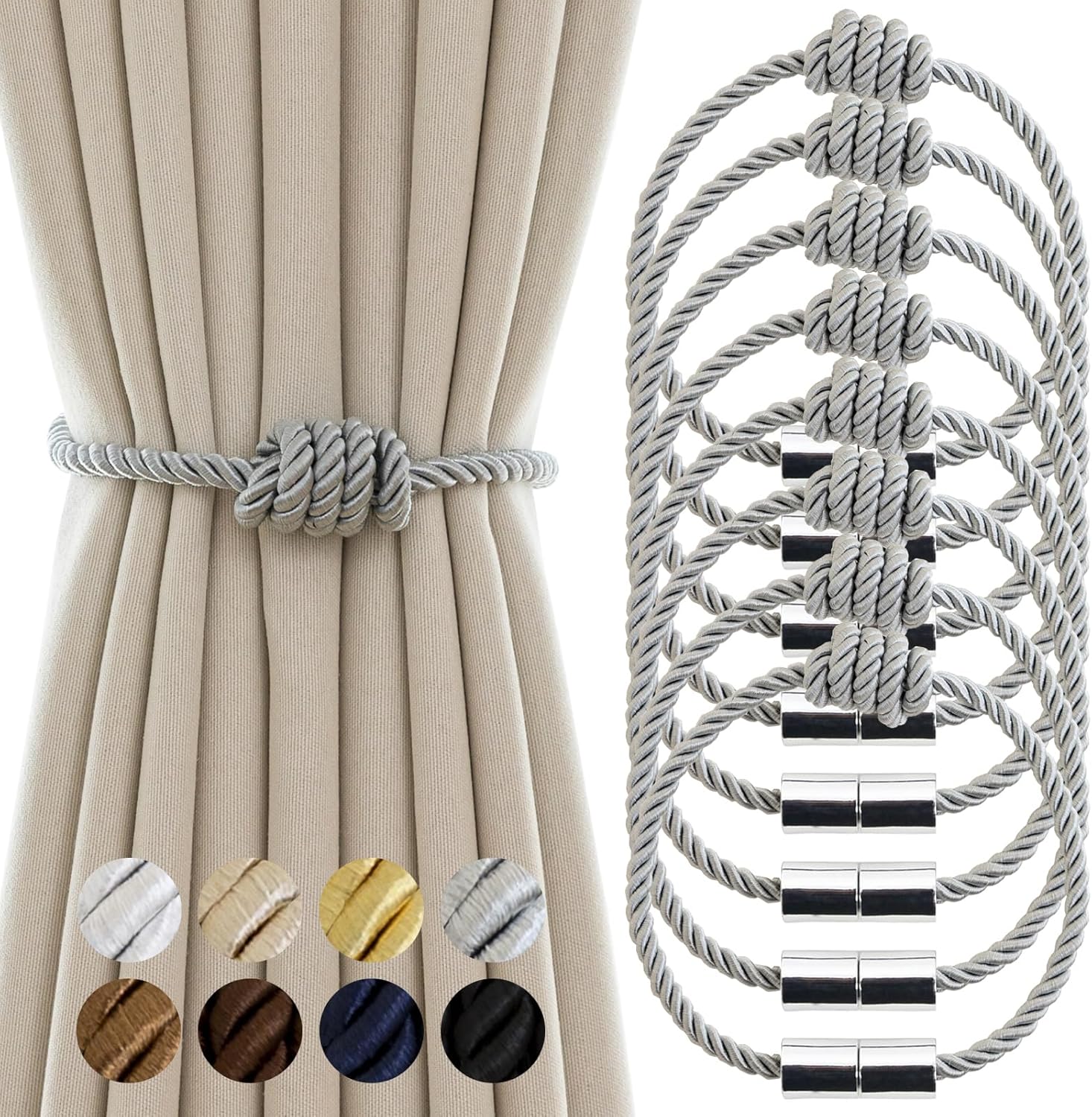 Contoeey Magnetic Curtain Tiebacks - 8 Pack Grey