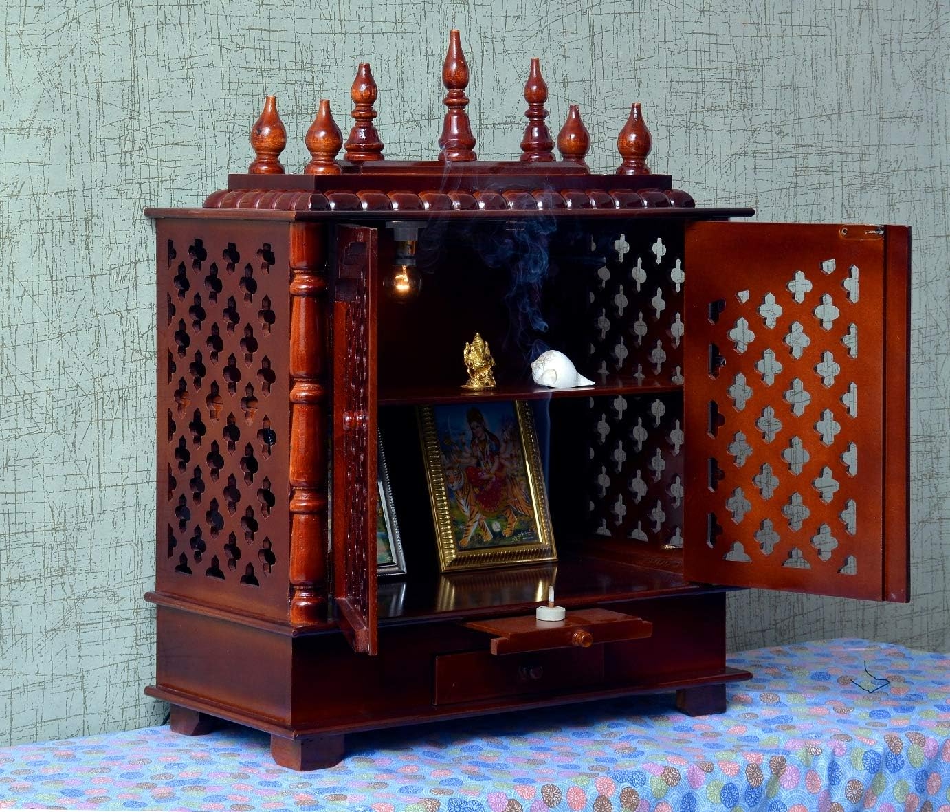 Craftlia Brown Wood Rustic Temple with Light Drawer and Shelf