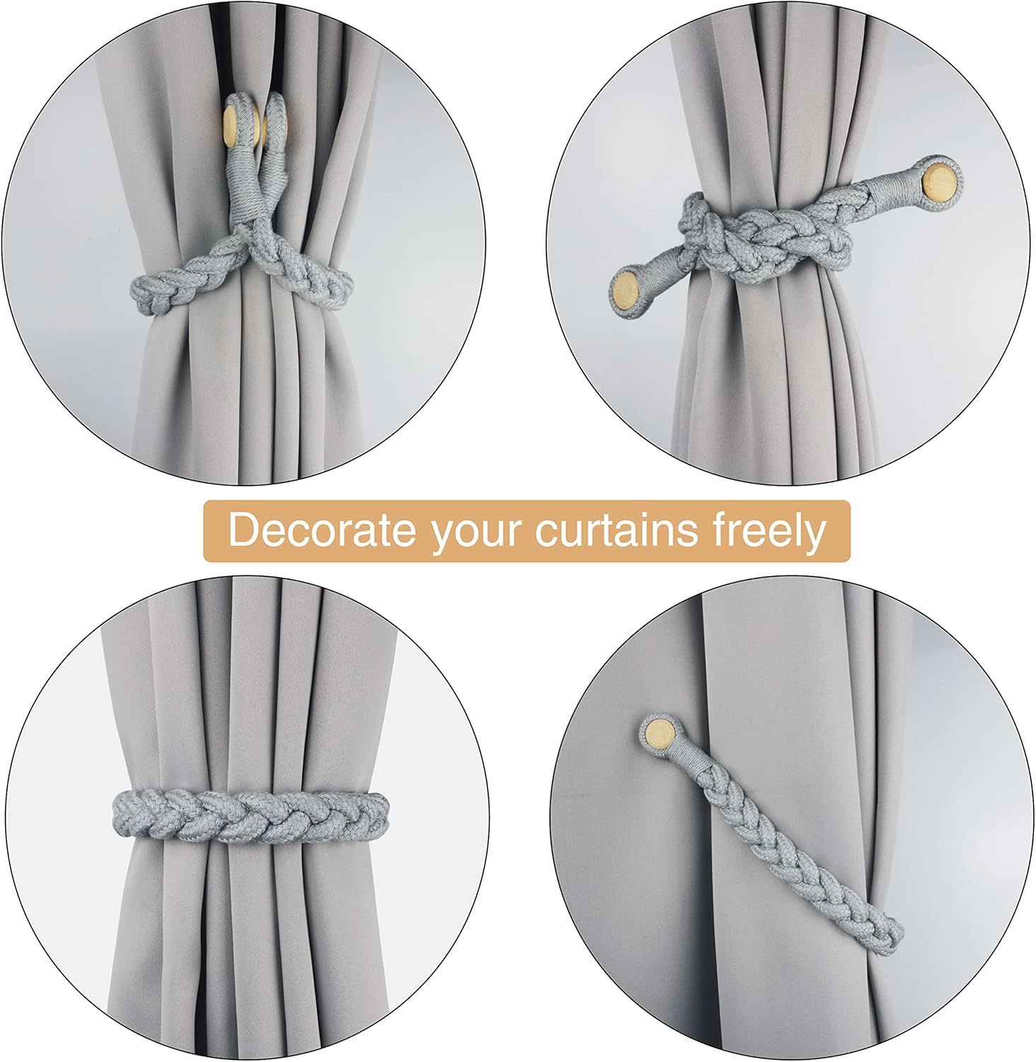 6 Pack Grey Magnetic Curtain Tiebacks with Wooden Buckle