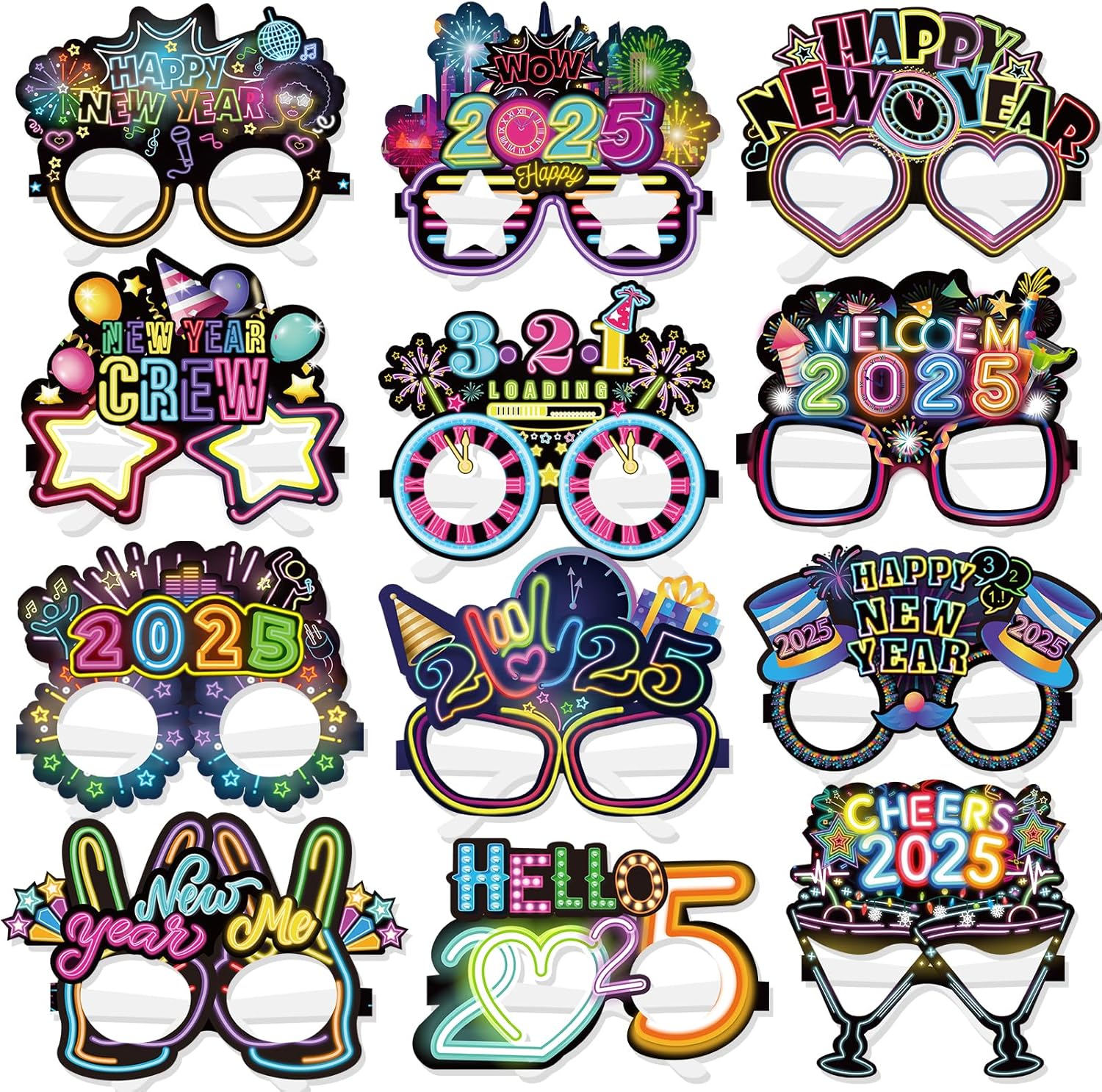 HOWAF 24 Piece Happy New Year Neon Paper Glasses