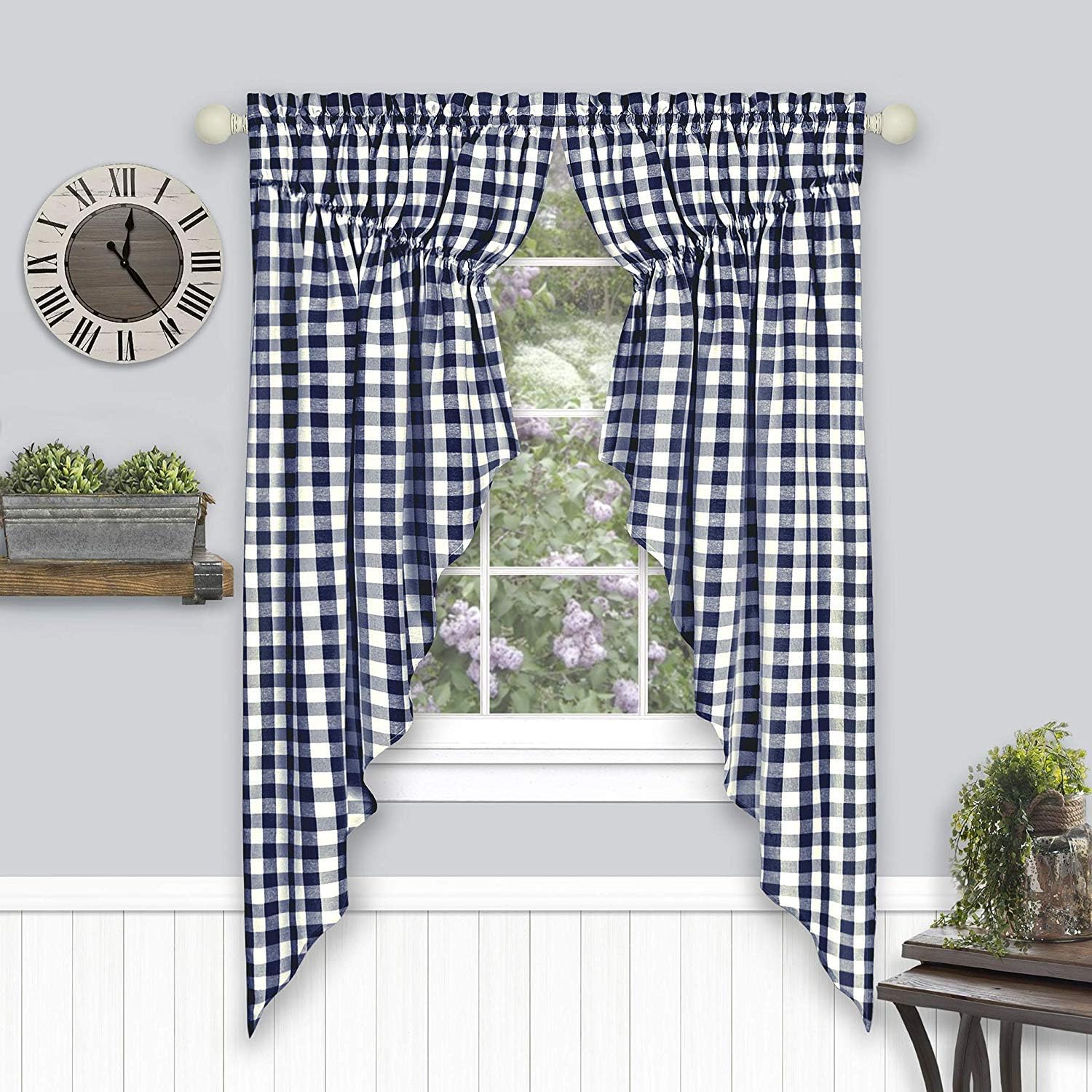 Farmhouse Curtains Buffalo Plaid Swag Pair Navy Blue