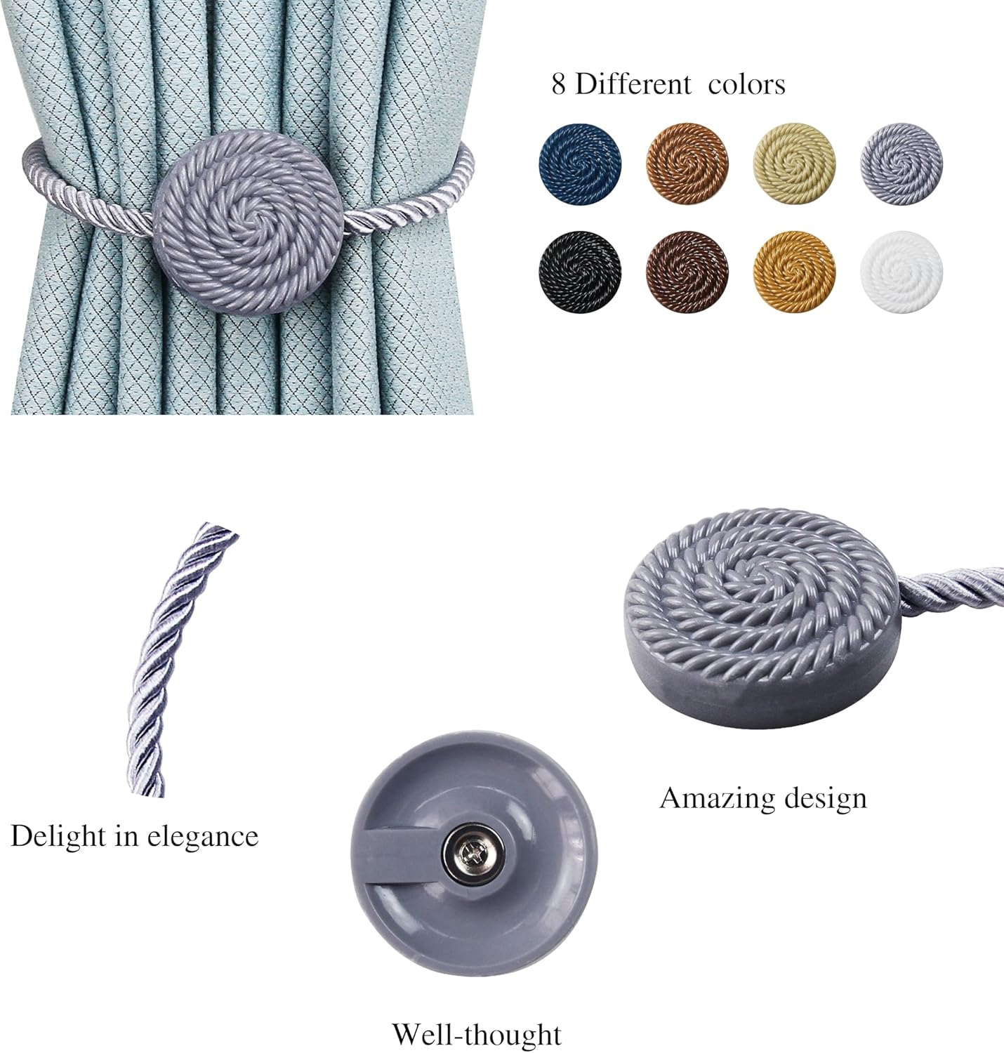 Magnetic Curtain Tie Backs 2 Pack Grey