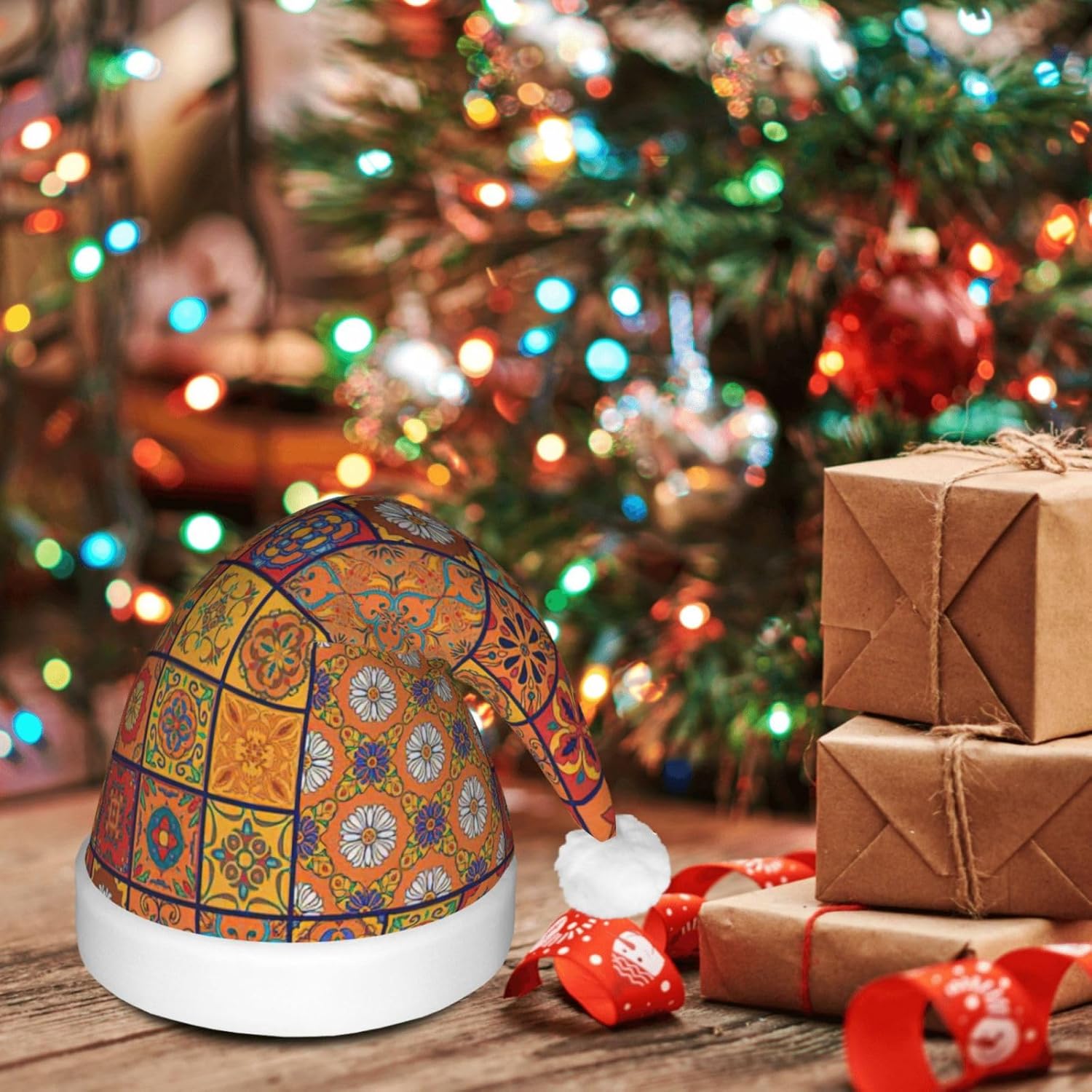 Moroccan Geometric Print Light Up Santa Hat Plush Set for Adults
