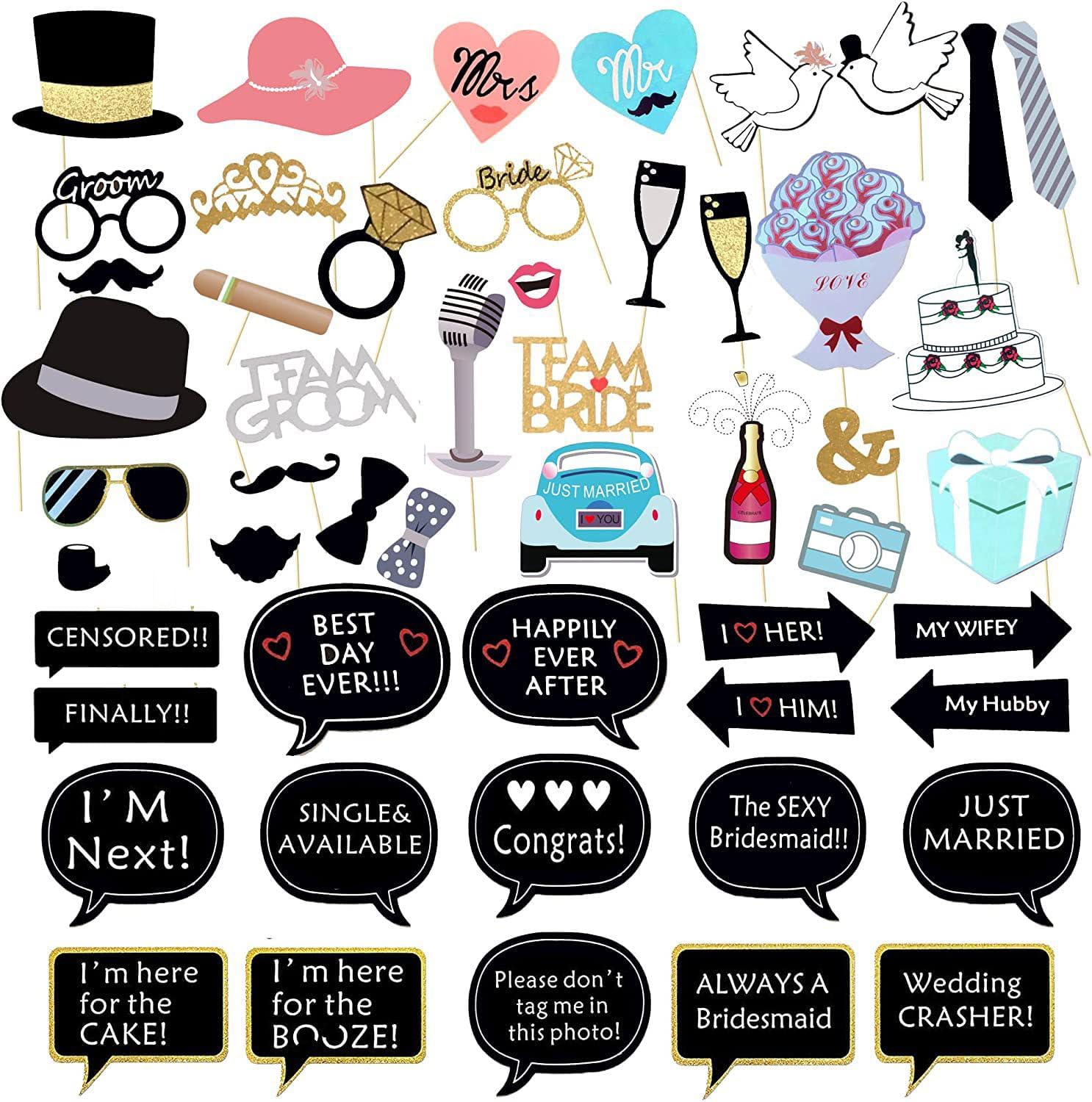 52Pcs Wedding Photo Booth Props - Gold Dust Cute Decorations