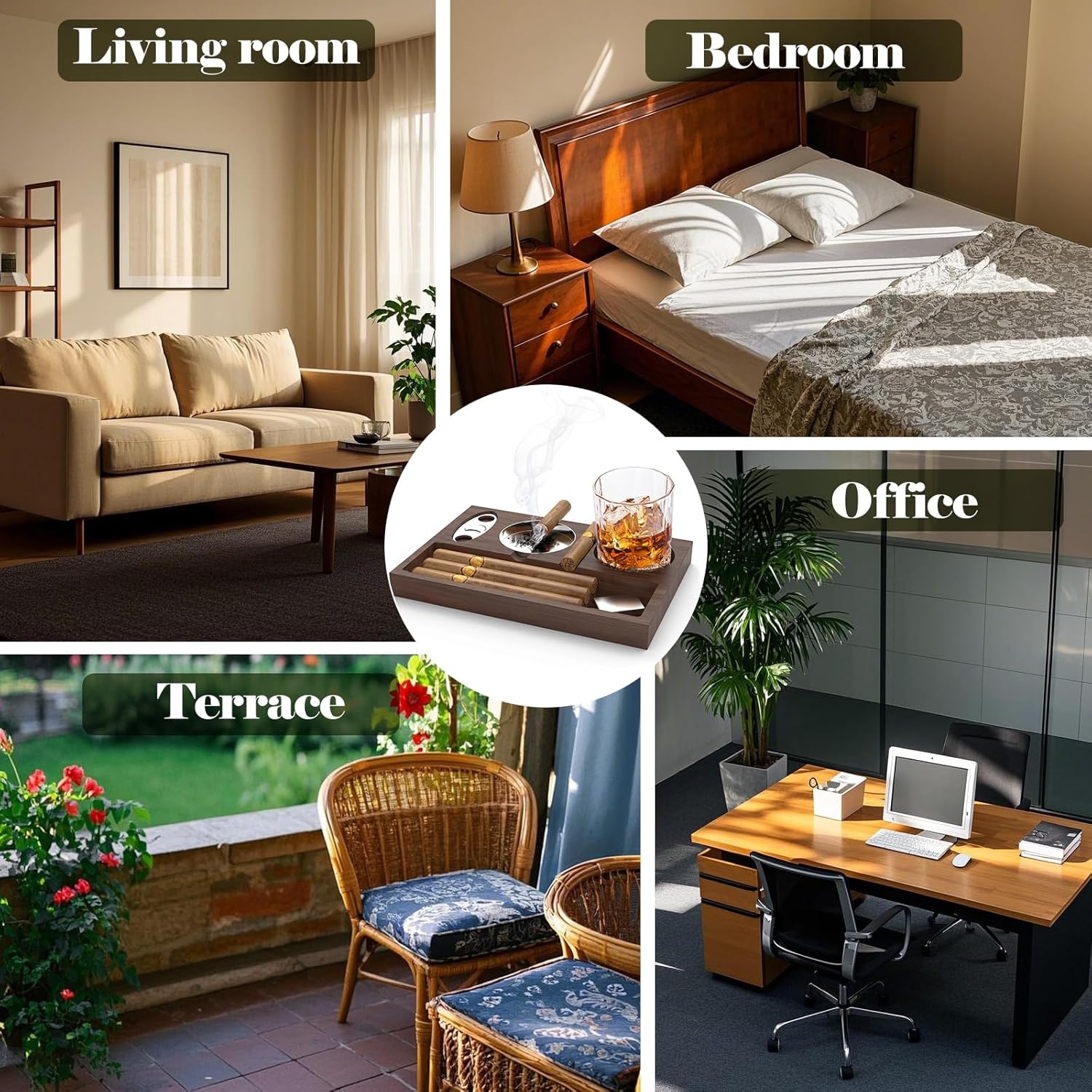 Wooden Cigar Ashtray with Cutters and Whiskey Glass Holder