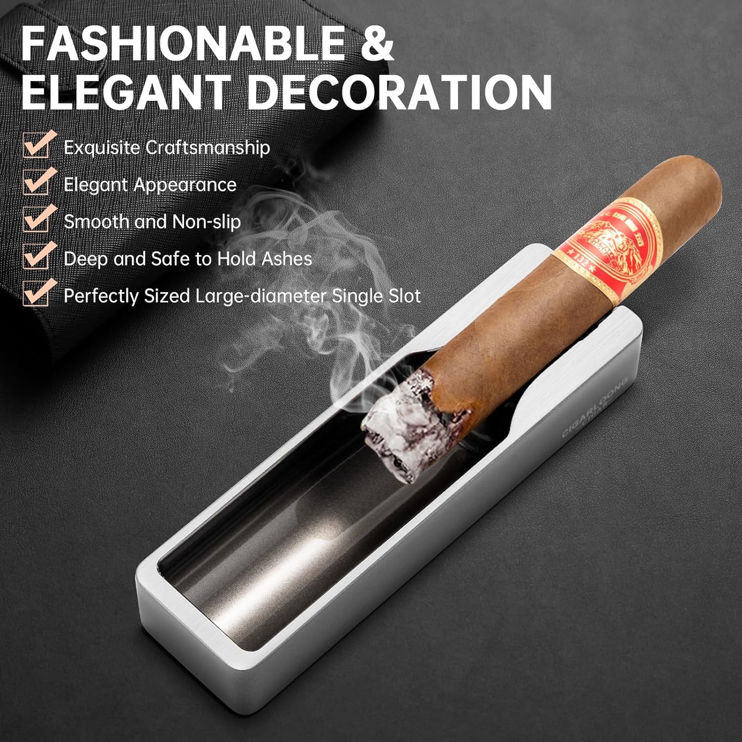 Cigar Ashtray Metal with Wide Cigar Slot Silver