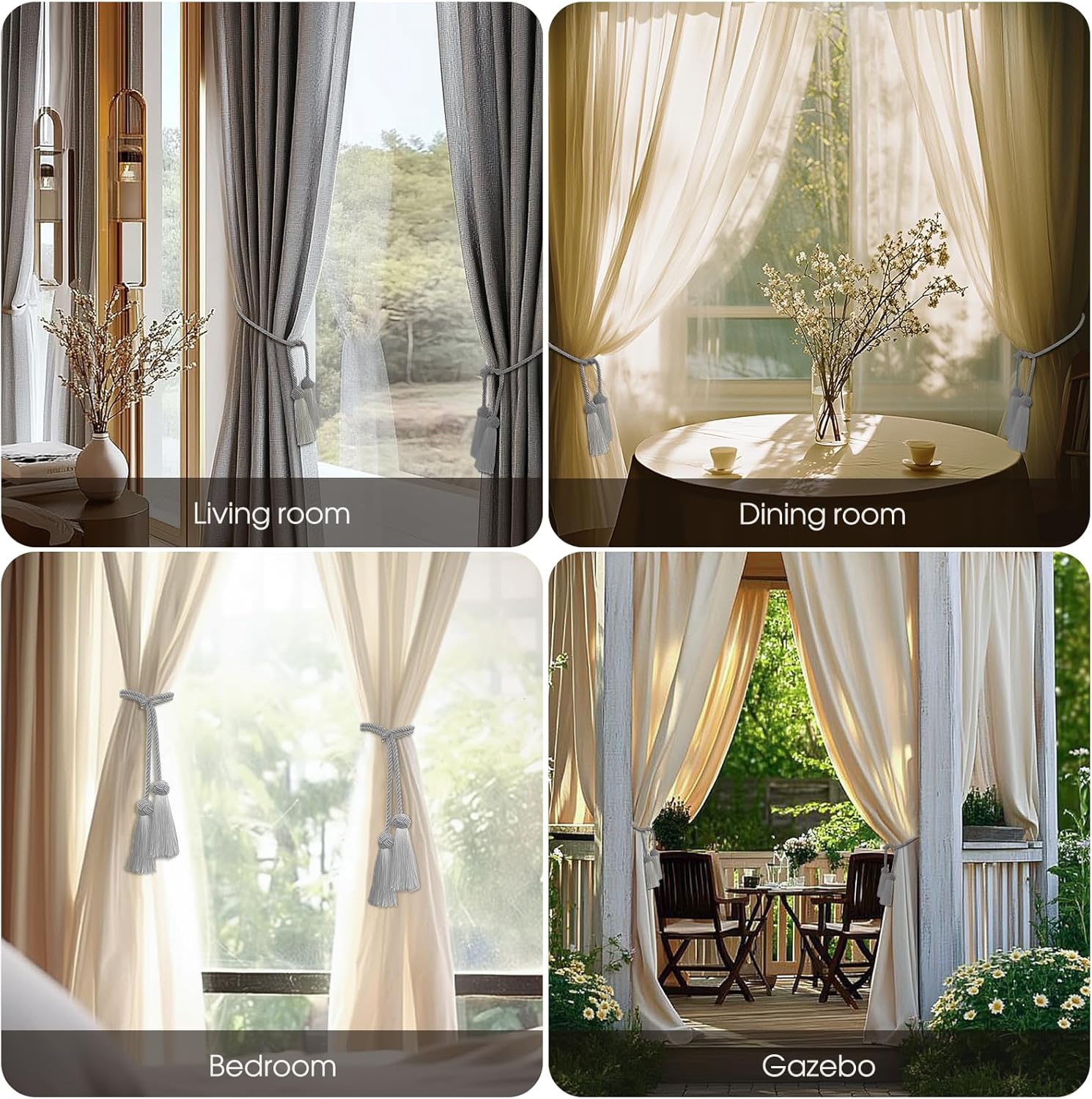 2 Pack Grey Curtain Tassel Tiebacks with Rope