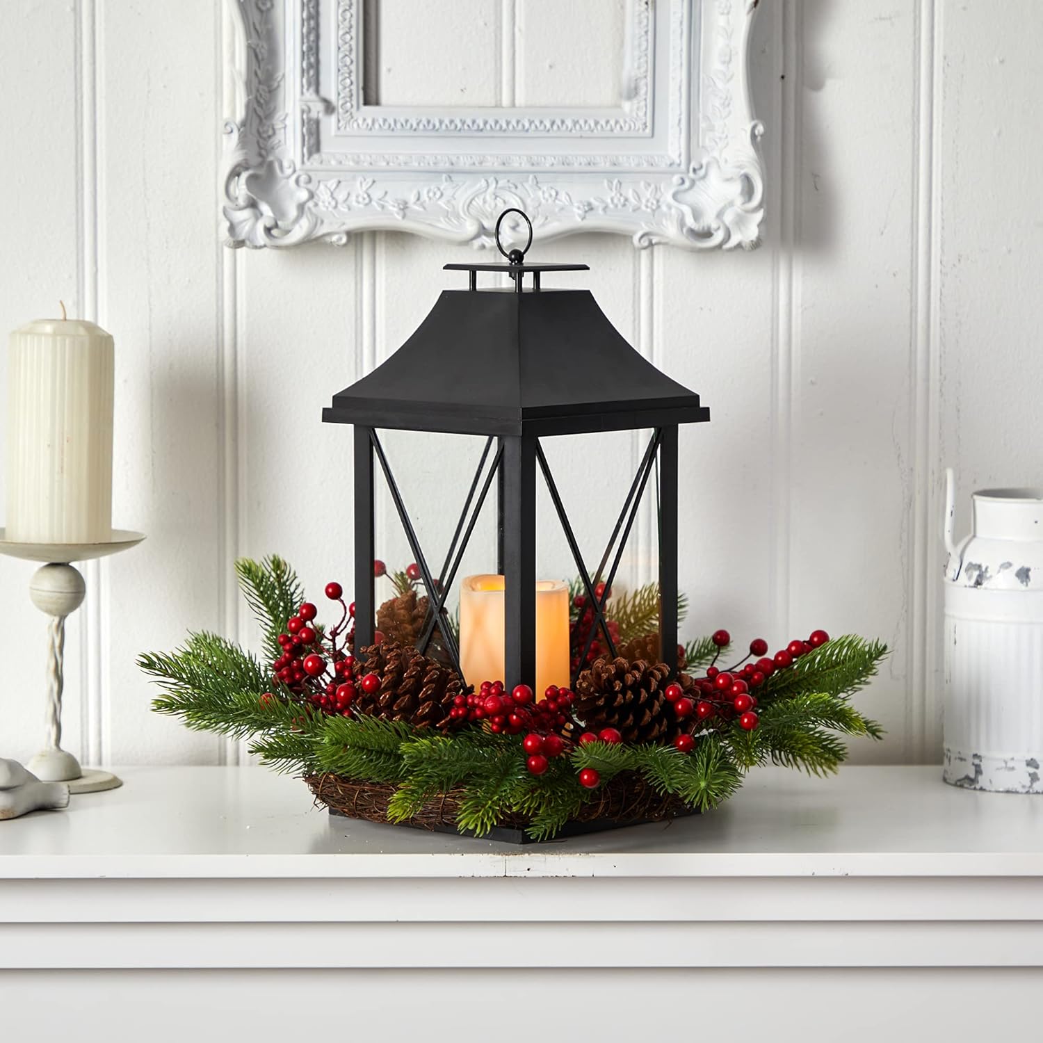Nearly Natural 16in Holiday Christmas Table Arrangement with Lantern and LED Candle
