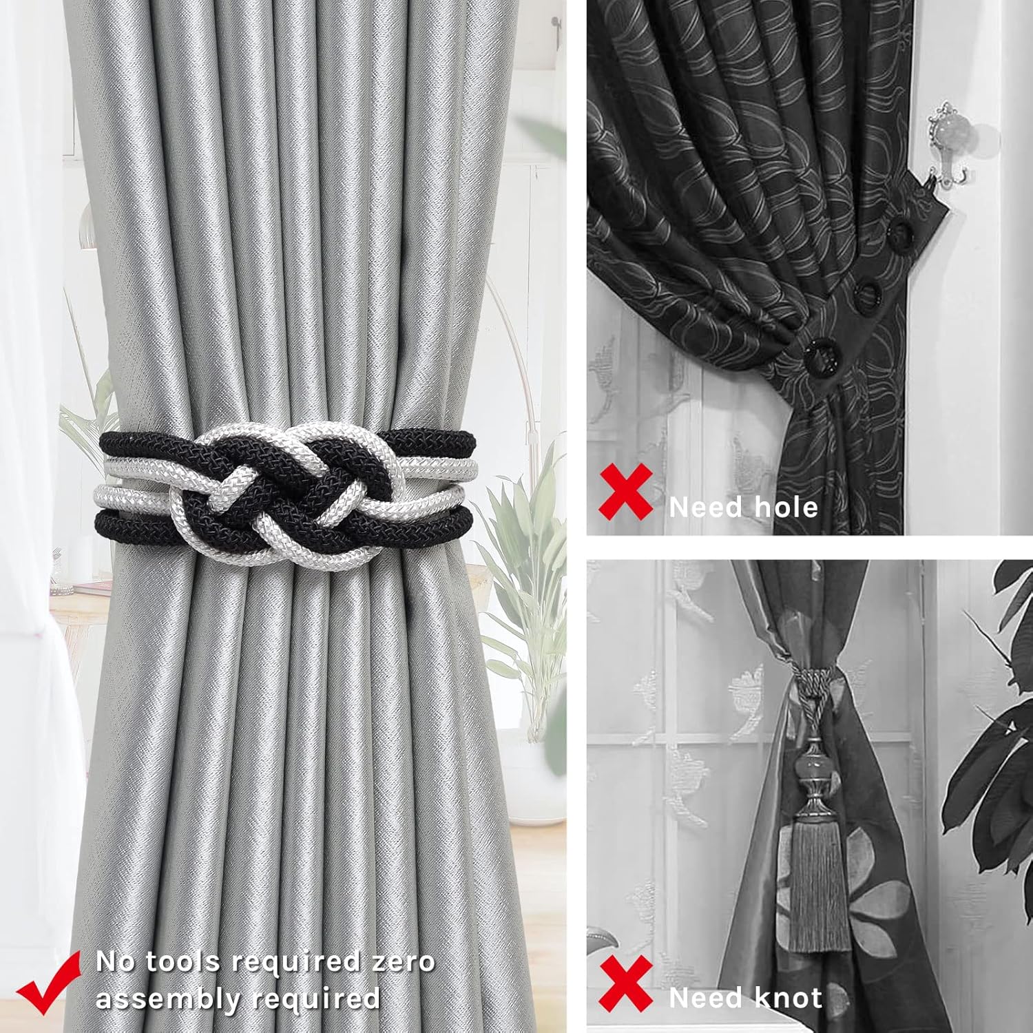 NICEEC Magnetic Curtain Tiebacks 2 Pack Black White