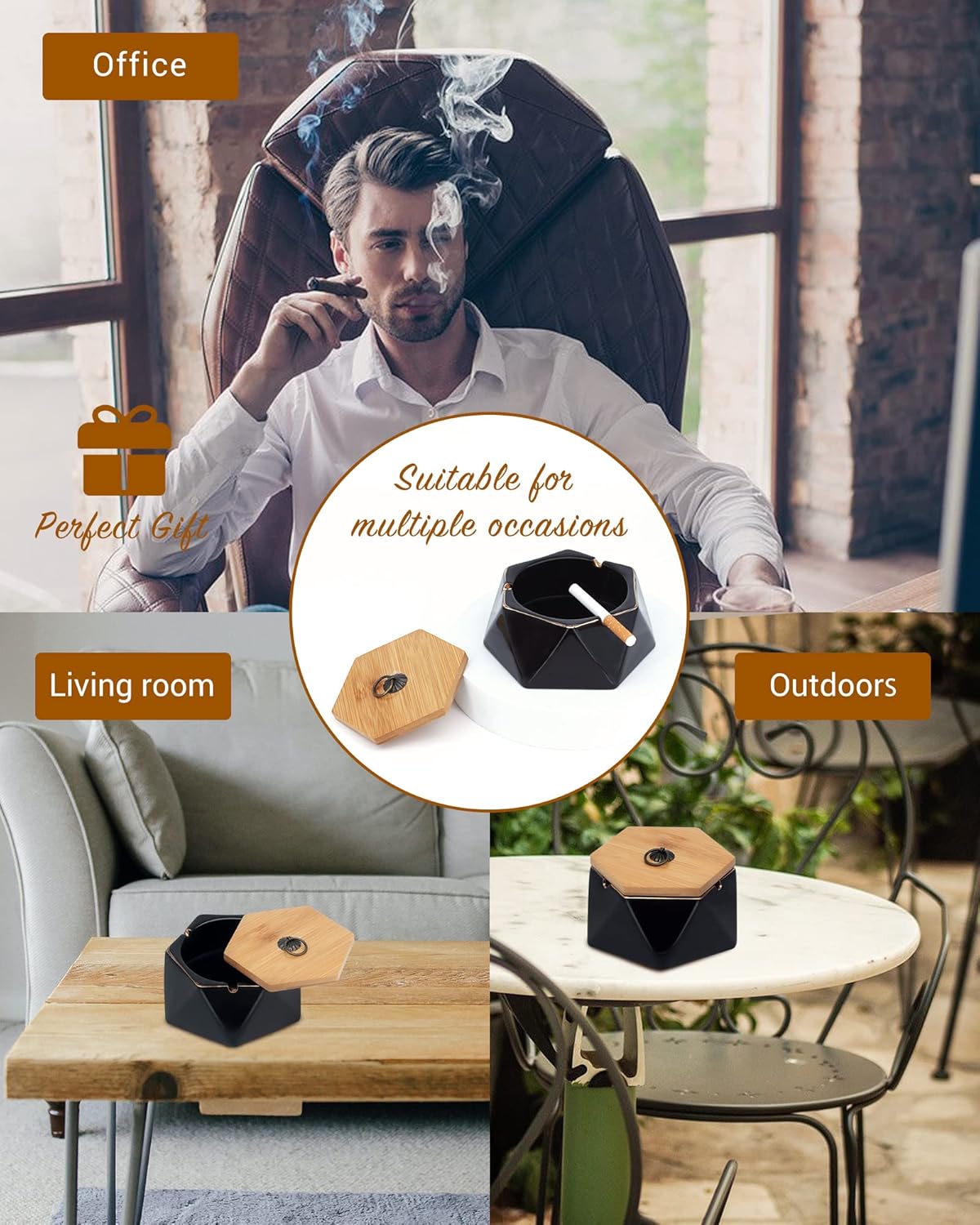 Pink Marble Ceramic Ash Tray with Lid for Home and Office