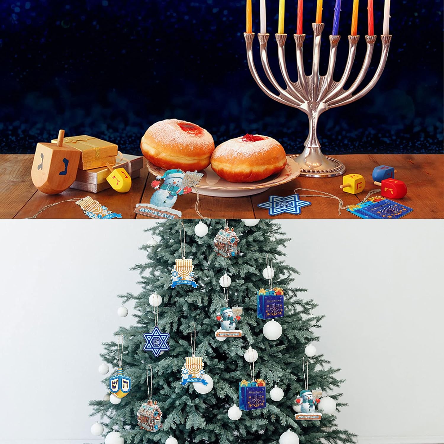Wooden Dreidel Menorah Ornaments 24 Piece Kit
