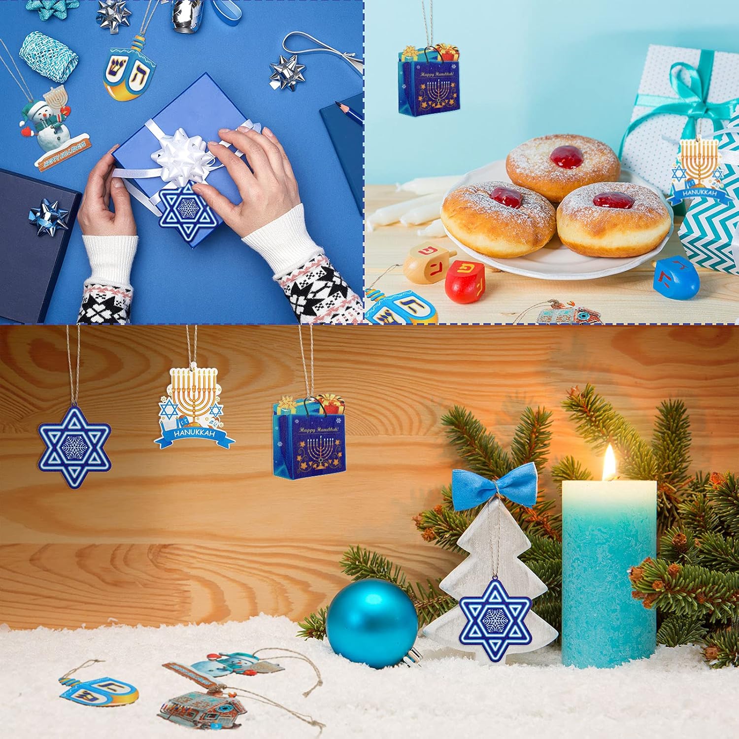 Wooden Dreidel Menorah Ornaments 24 Piece Kit