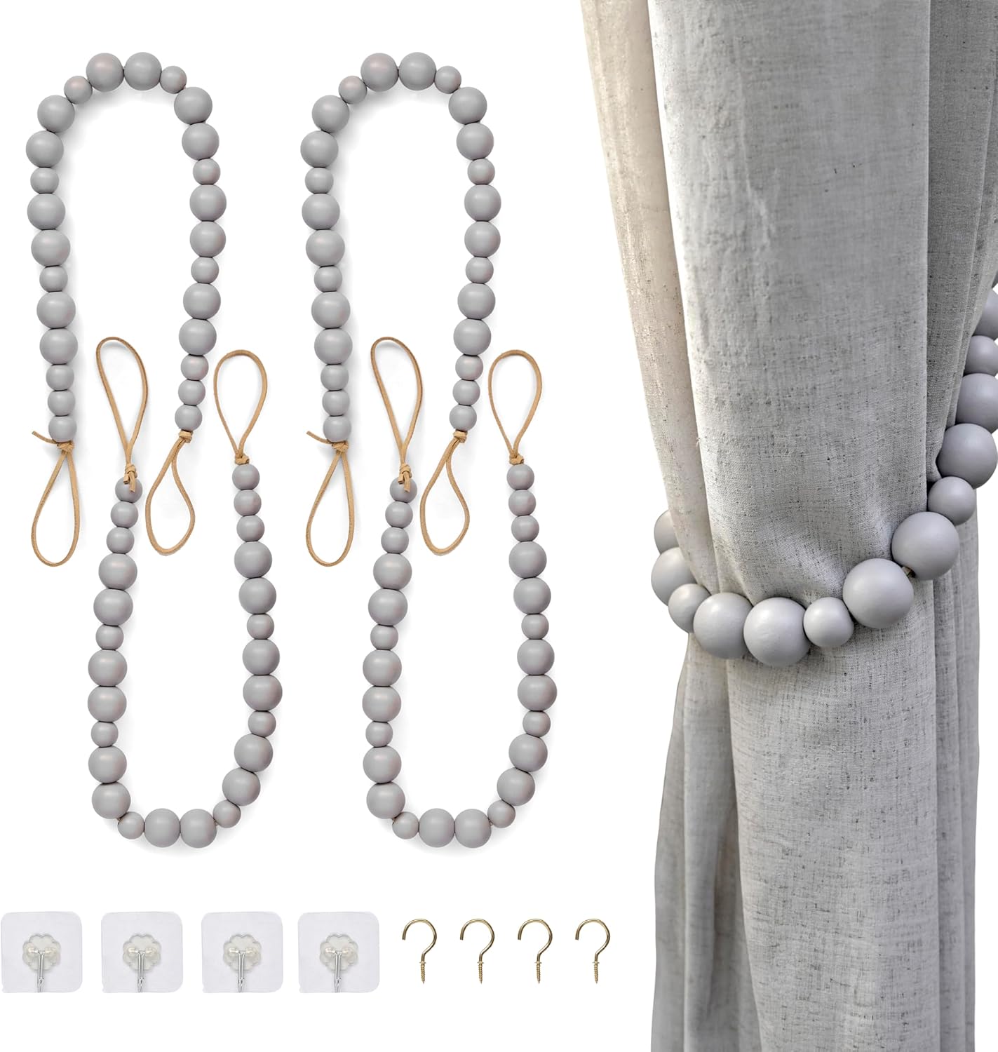 Wood Bead Curtain Tiebacks Set of 4 Boho Style
