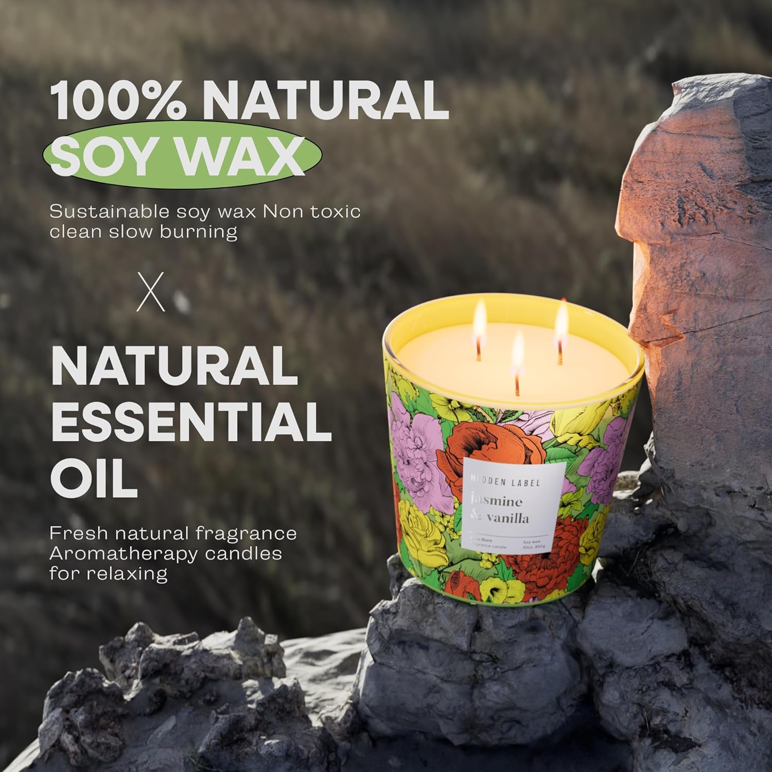 Hidden Label Luxury 3-Wick Soy Candle Jasmine Vanilla Scent 30oz