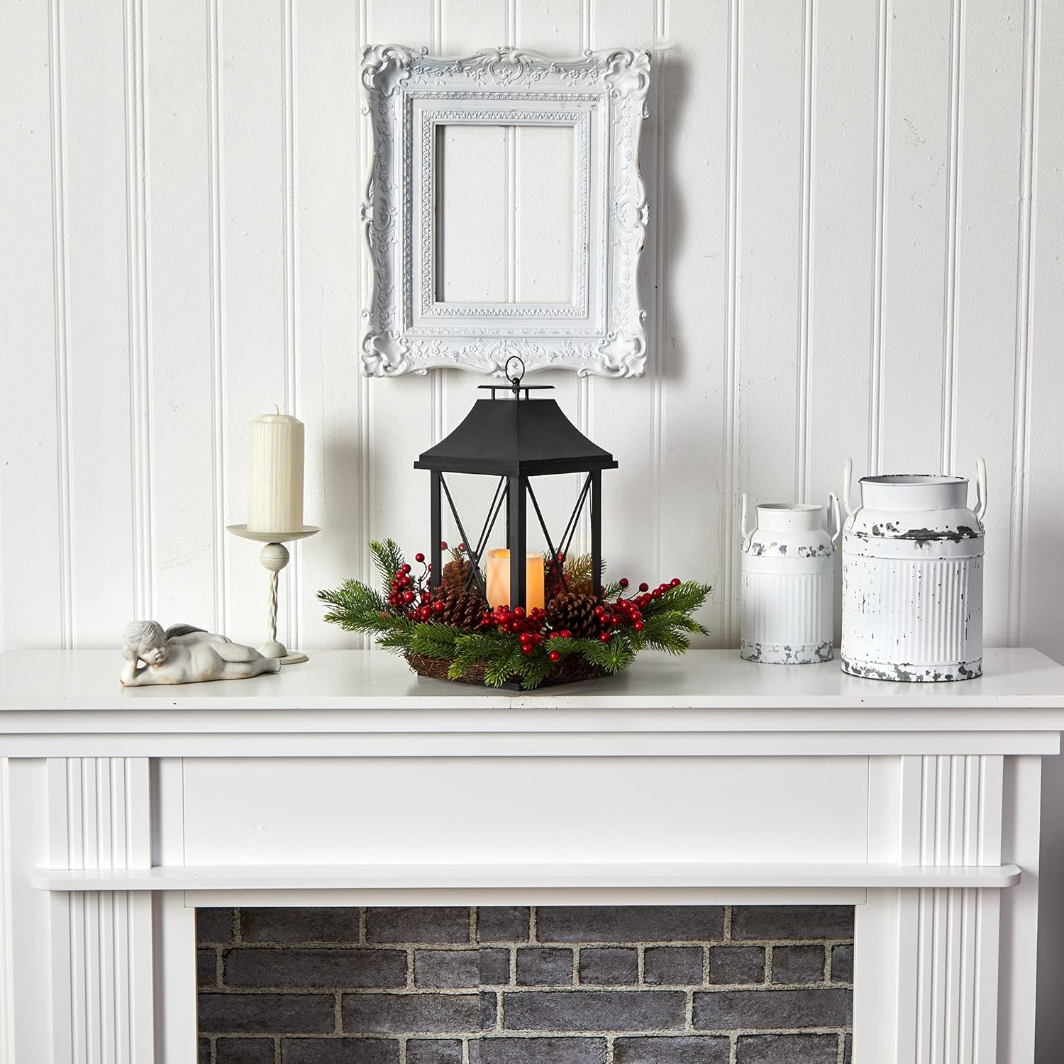 Nearly Natural 16in Holiday Christmas Table Arrangement with Lantern and LED Candle