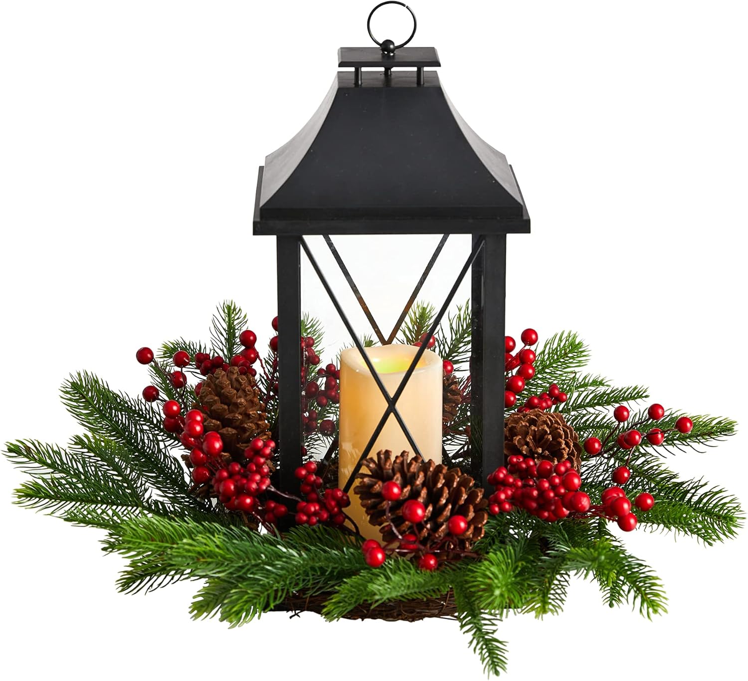 Nearly Natural 16in Holiday Christmas Table Arrangement with Lantern and LED Candle