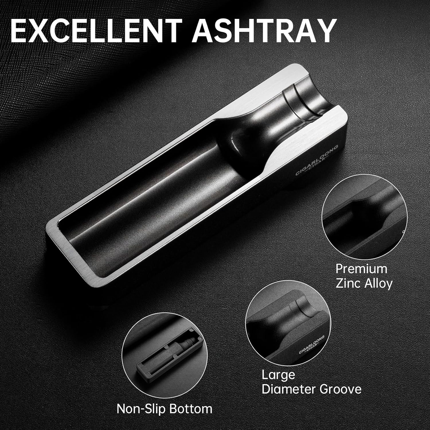 Cigar Ashtray Metal with Wide Cigar Slot Silver