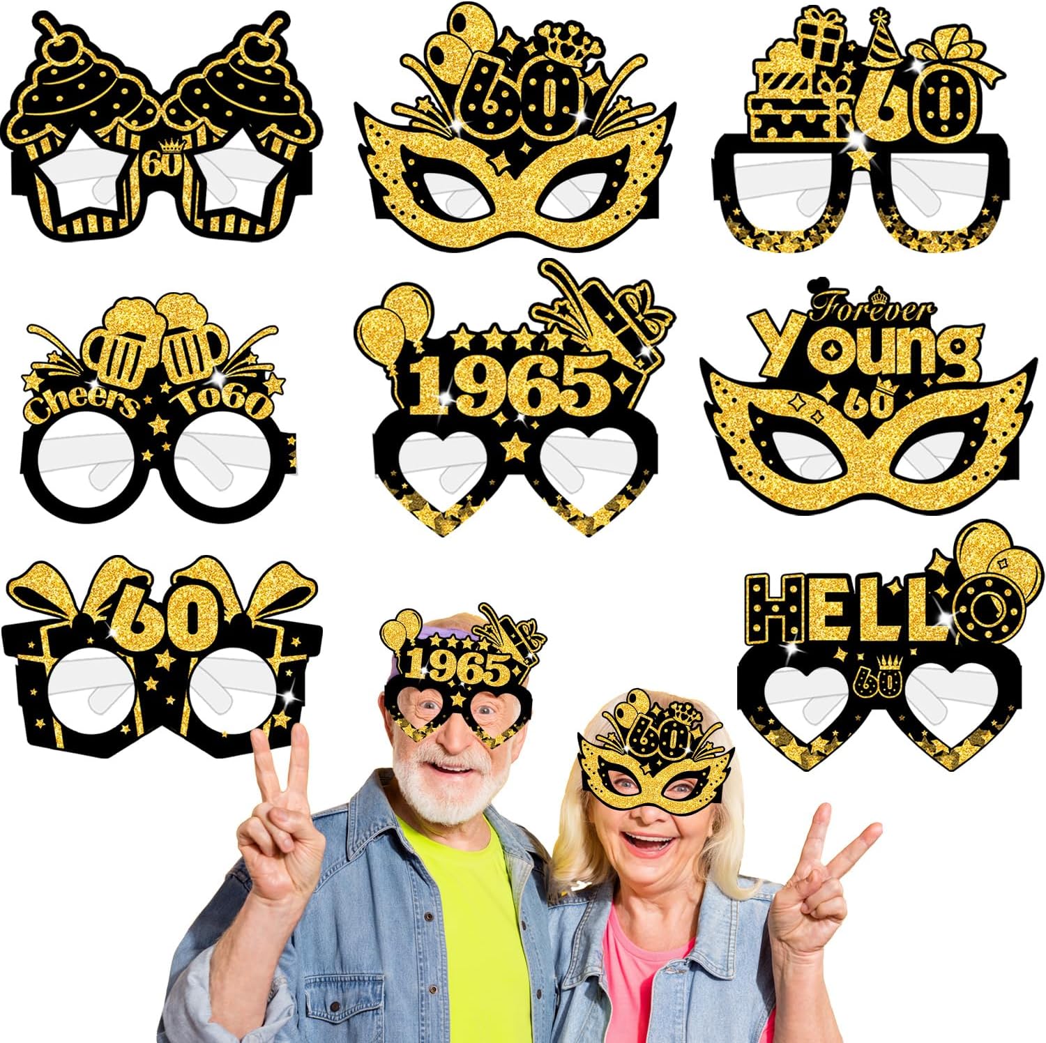 60th Birthday Paper Glasses Decorations 16pcs