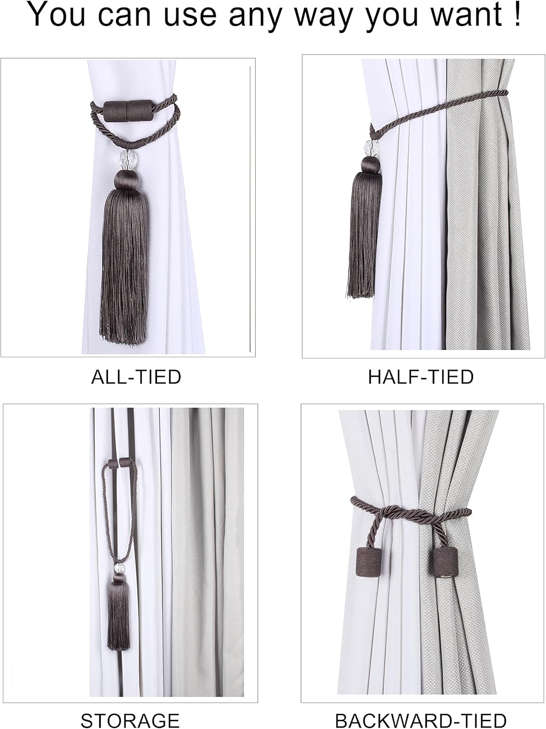 BEL AVENIR Magnetic Curtain Holdbacks Tassel Rope Tieback