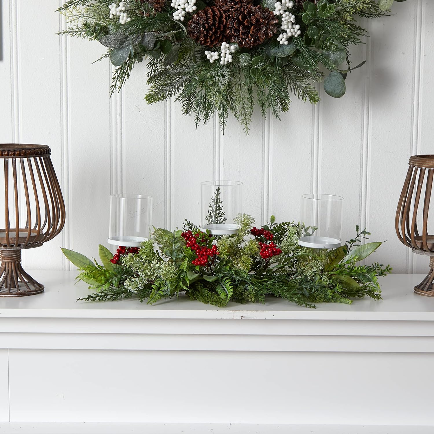 Nearly Natural 20in Holiday Christmas Candle Holder Table Arrangement