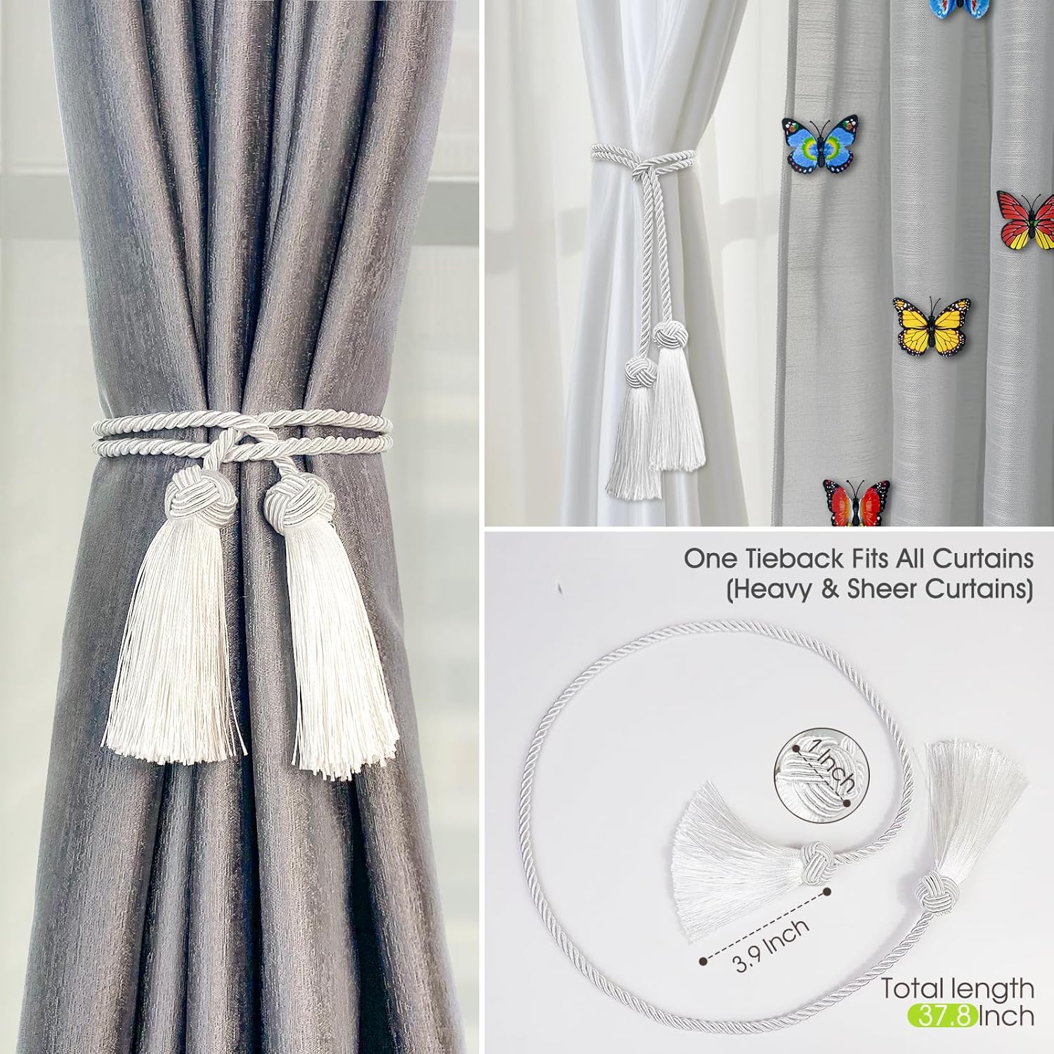 2 Pack Grey Curtain Tassel Tiebacks with Rope