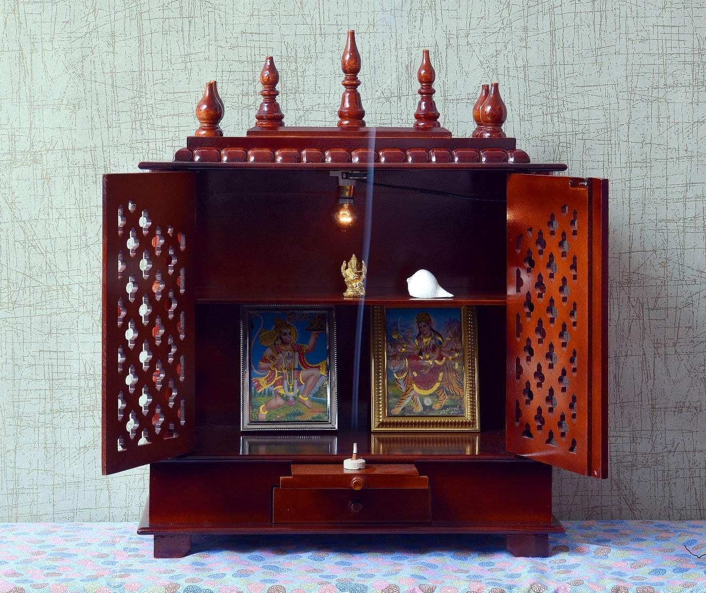 Craftlia Brown Wood Rustic Temple with Light Drawer and Shelf