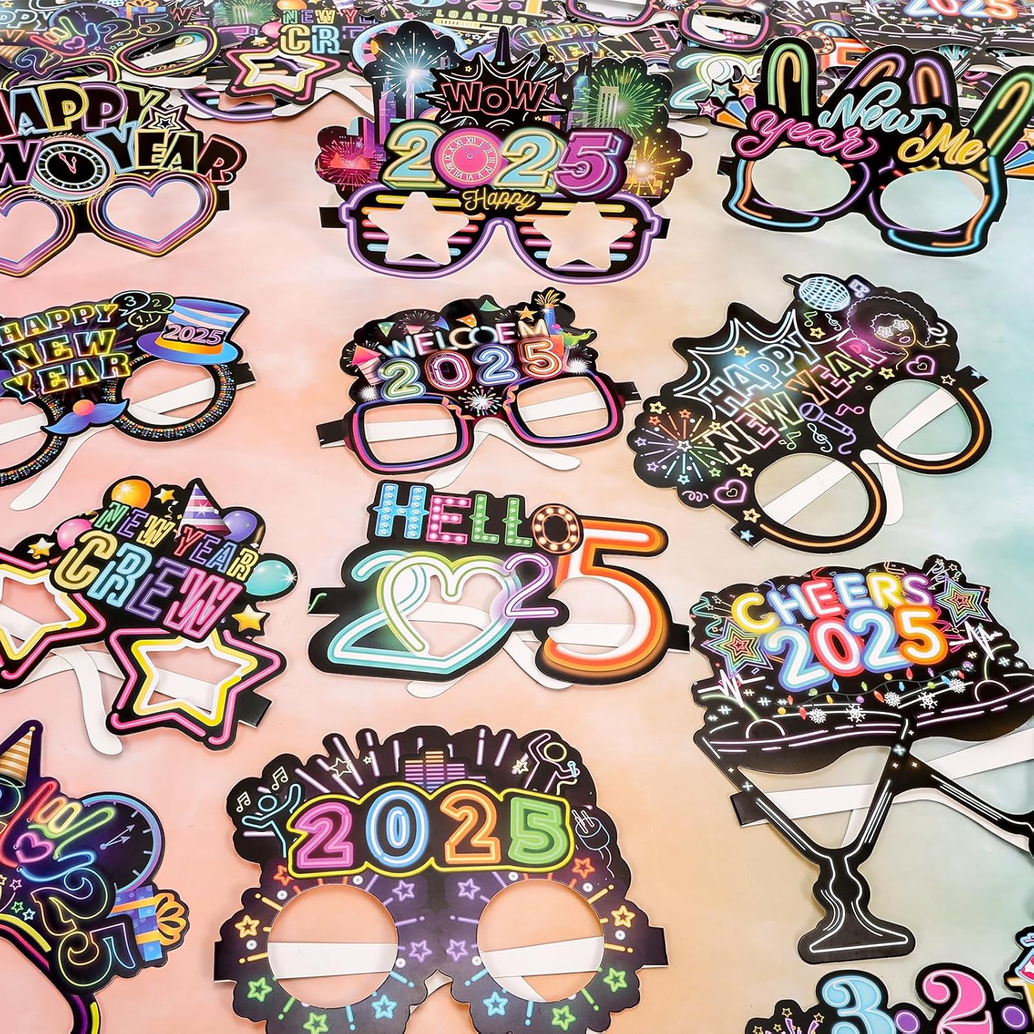 HOWAF 24 Piece Happy New Year Neon Paper Glasses