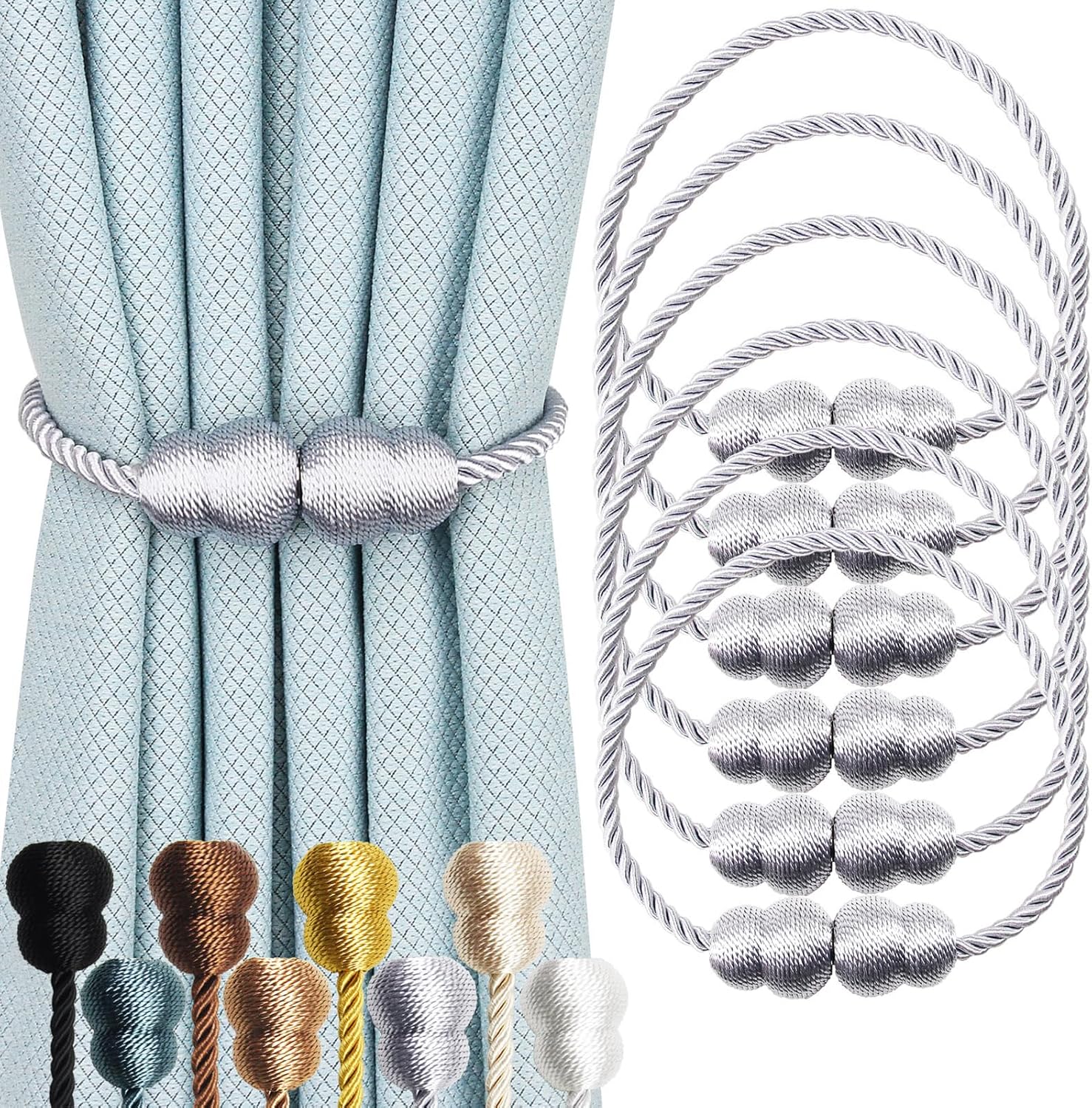 Hangtty Magnetic Curtain Tiebacks 6 Pack Grey