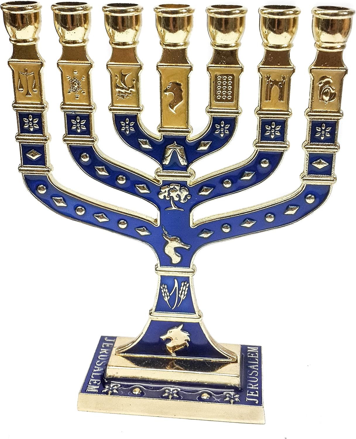 Golden Menorah 7 Branch 12 Tribes Of Israel Jerusalem Blue Enamel Candleholder