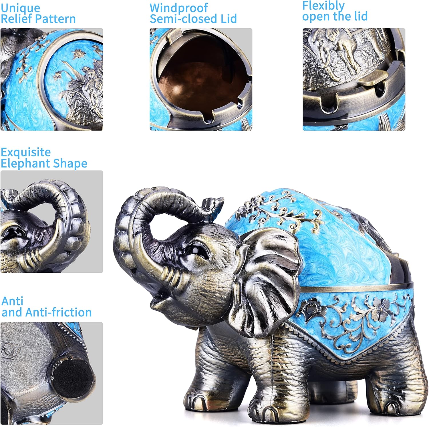 LAUYOO Stand Elephant Windproof Ashtray with Lid