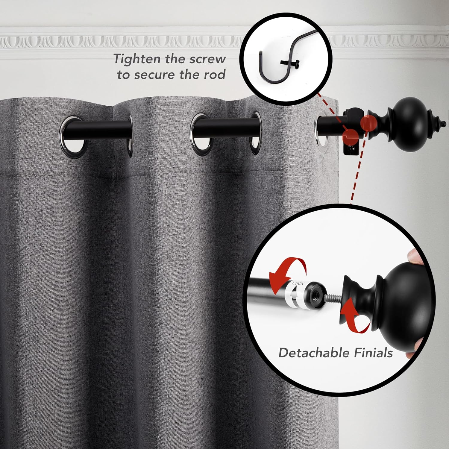 Deconovo Heavy Duty Black Curtain Rod Adjustable 48-84 Inch