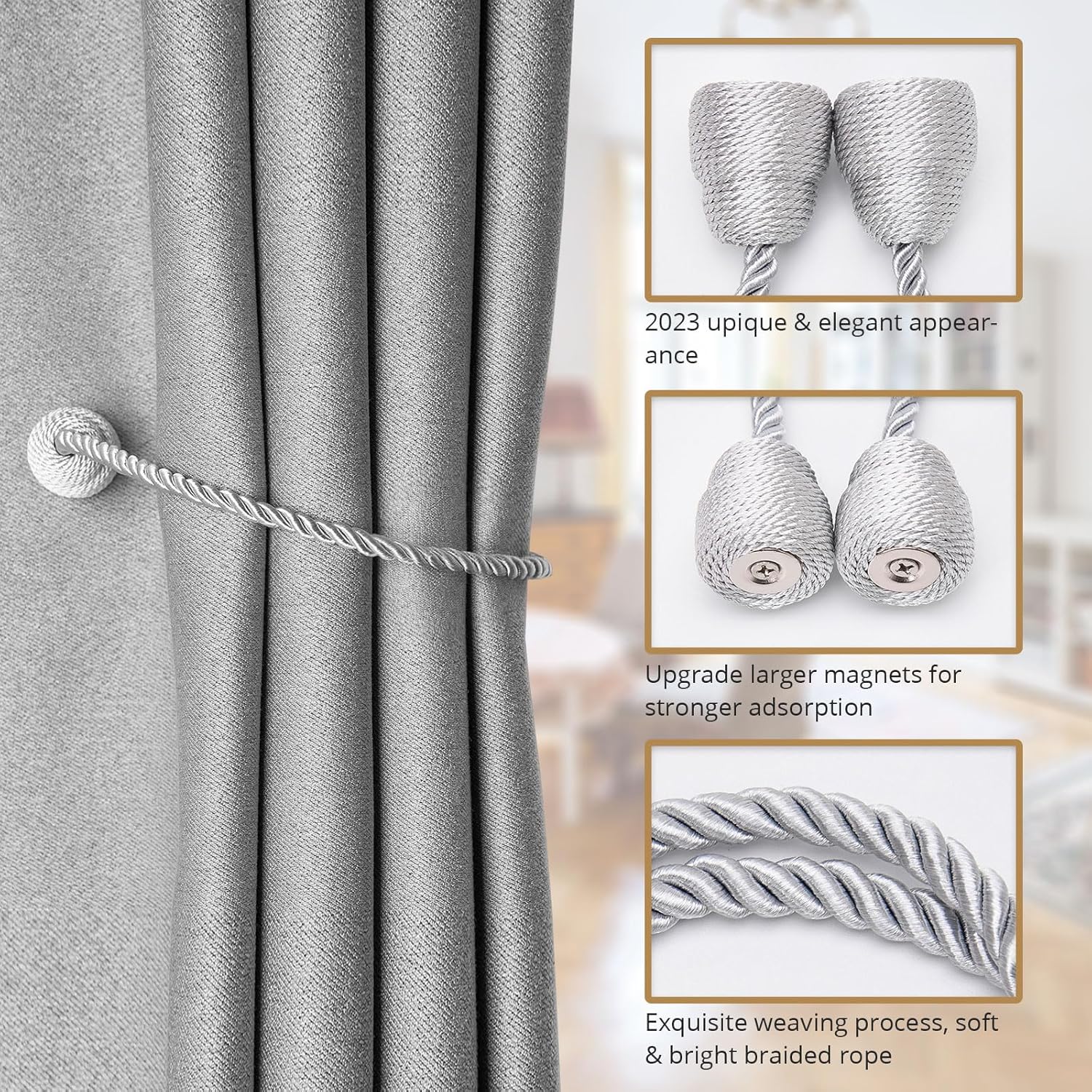 NICEEC 2 Pack Magnetic Curtain Holdbacks Grey